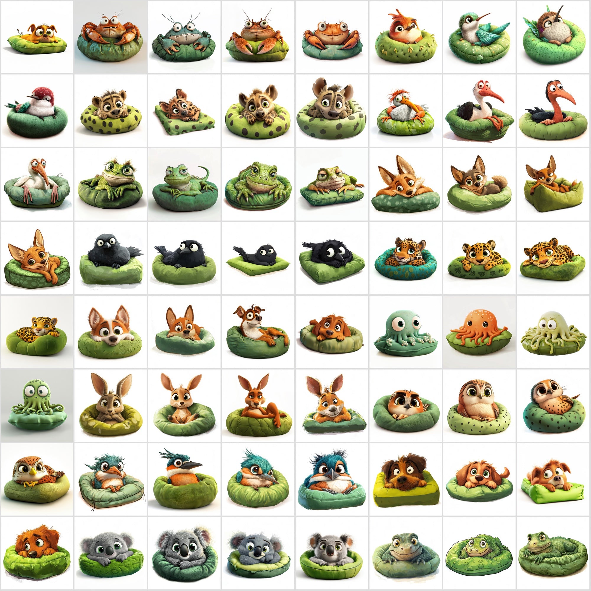 650 Adorable Lazy Animal Images on Green Pillow