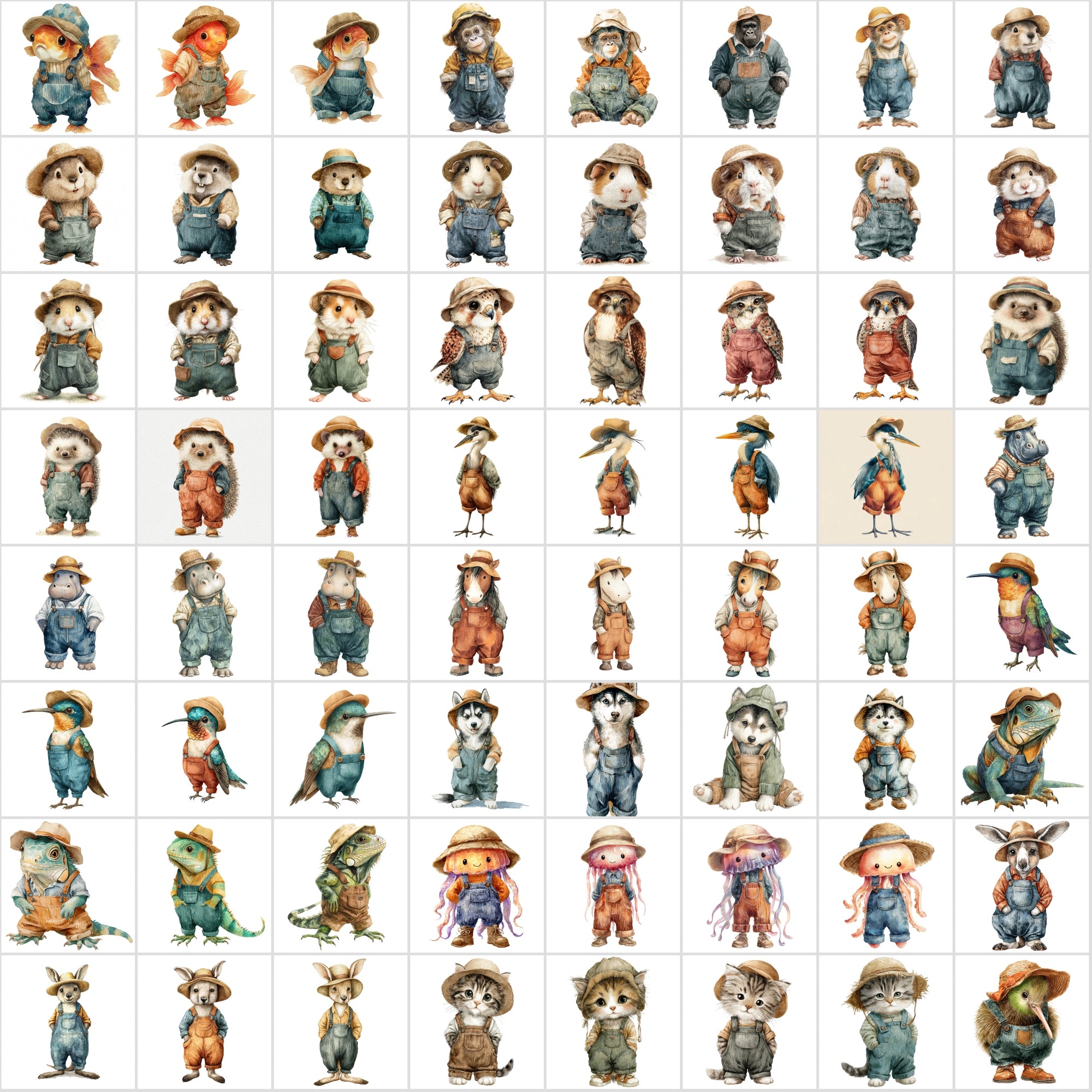 650 Cute Watercolor Animal Clipart – Adorable Animals in Corduroy Overalls & Hats
