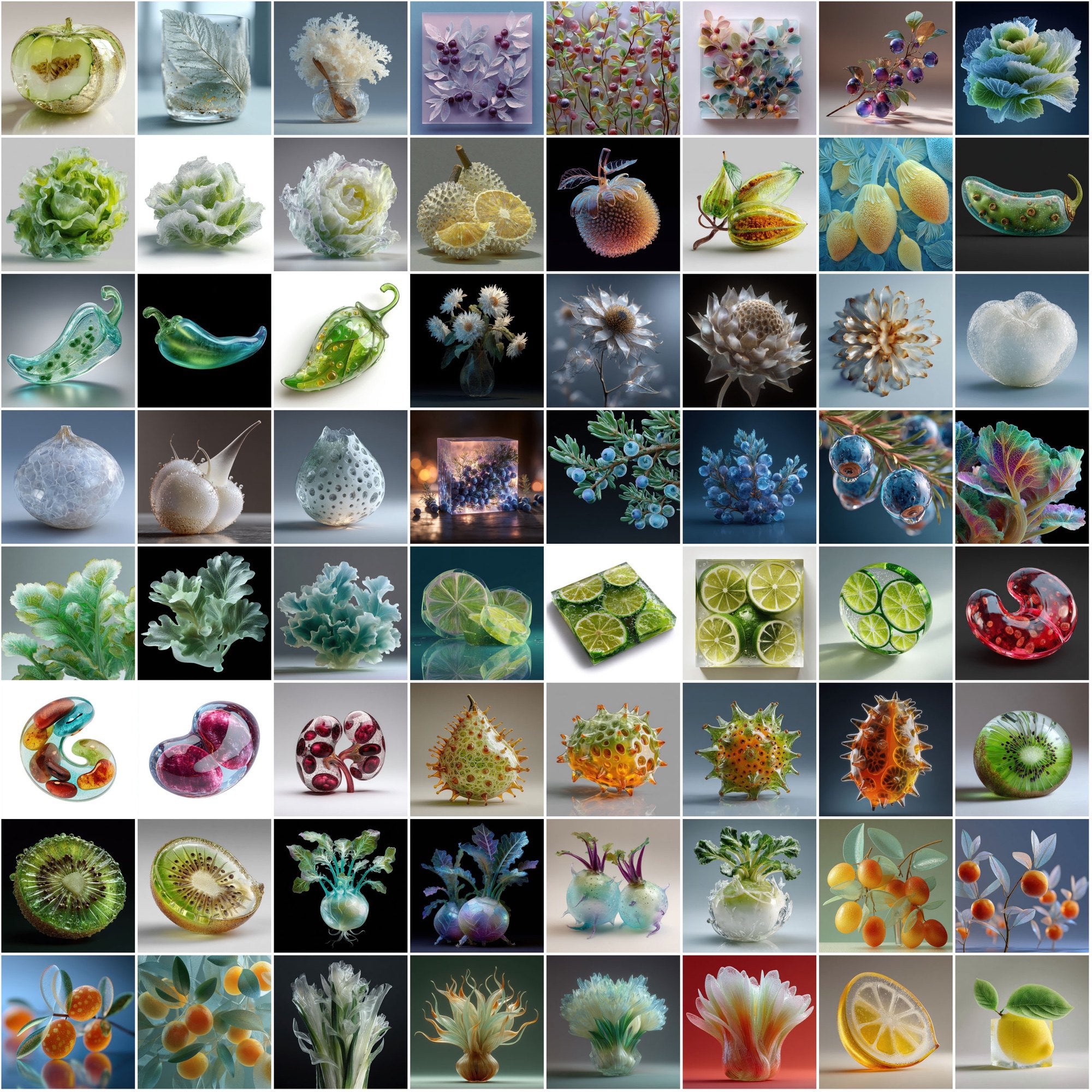 600 Frosted Glass Fruits & Veggies – High-Res JPGs for Design, Decor & Print