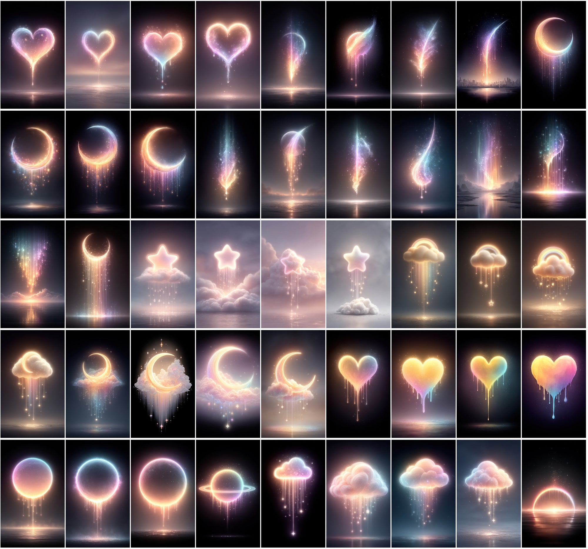 620 Glowing Rainbow Neon Images | Luminous Cosmic Art | Sparkling Dripping Stars, Moons, Clouds & Hearts