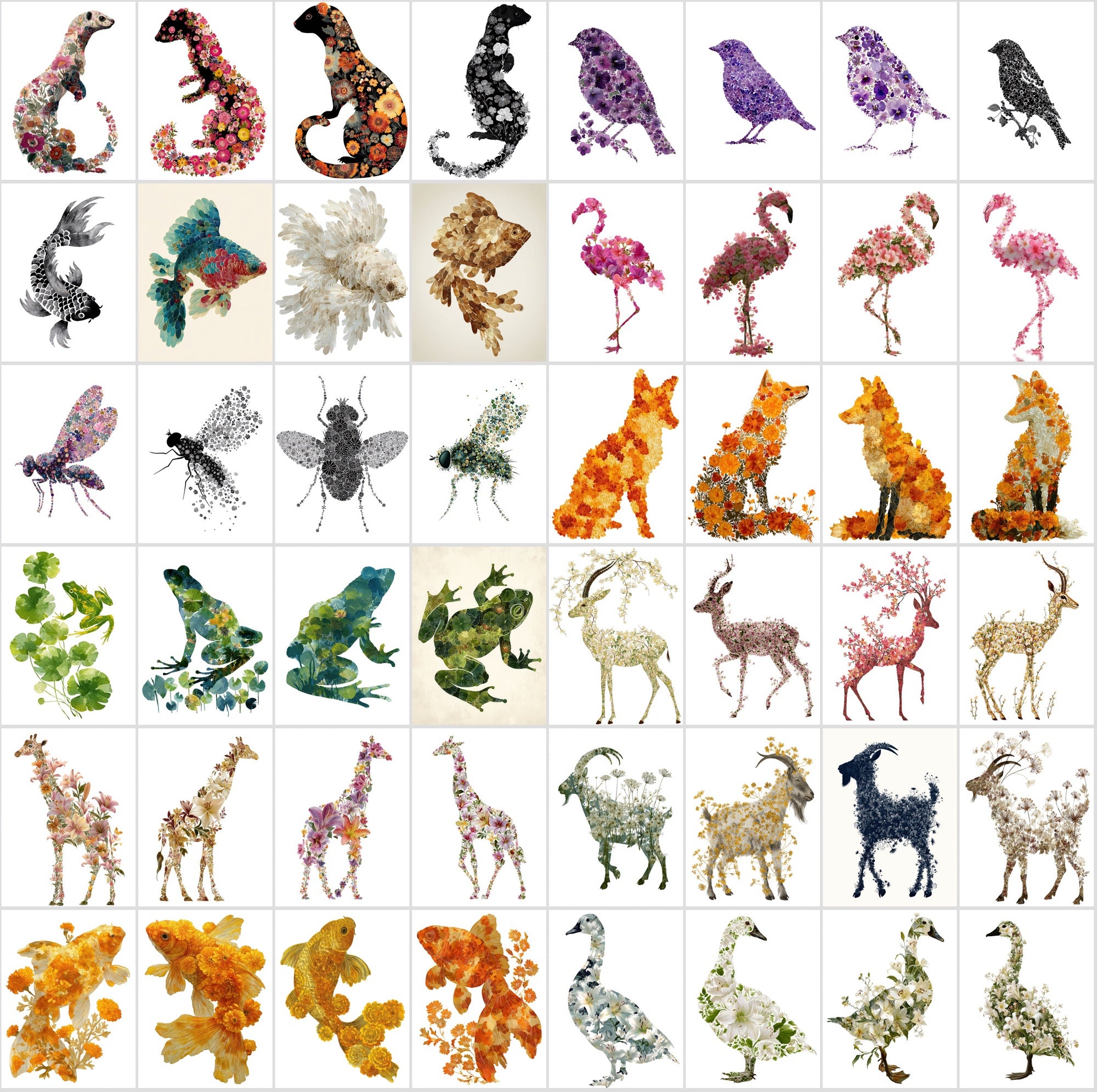 610 Floral Animal Silhouette Images – Vintage Flower Art, Commercial License