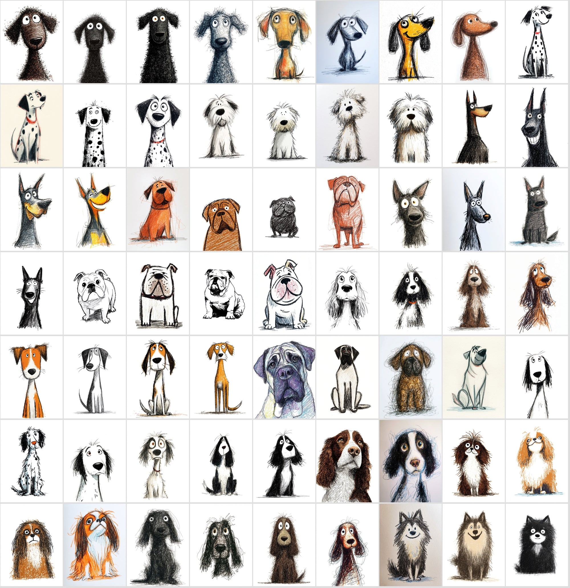 740 Dog Breed Doodle Illustrations – Quirky Sketch Clipart Bundle, Commercial License
