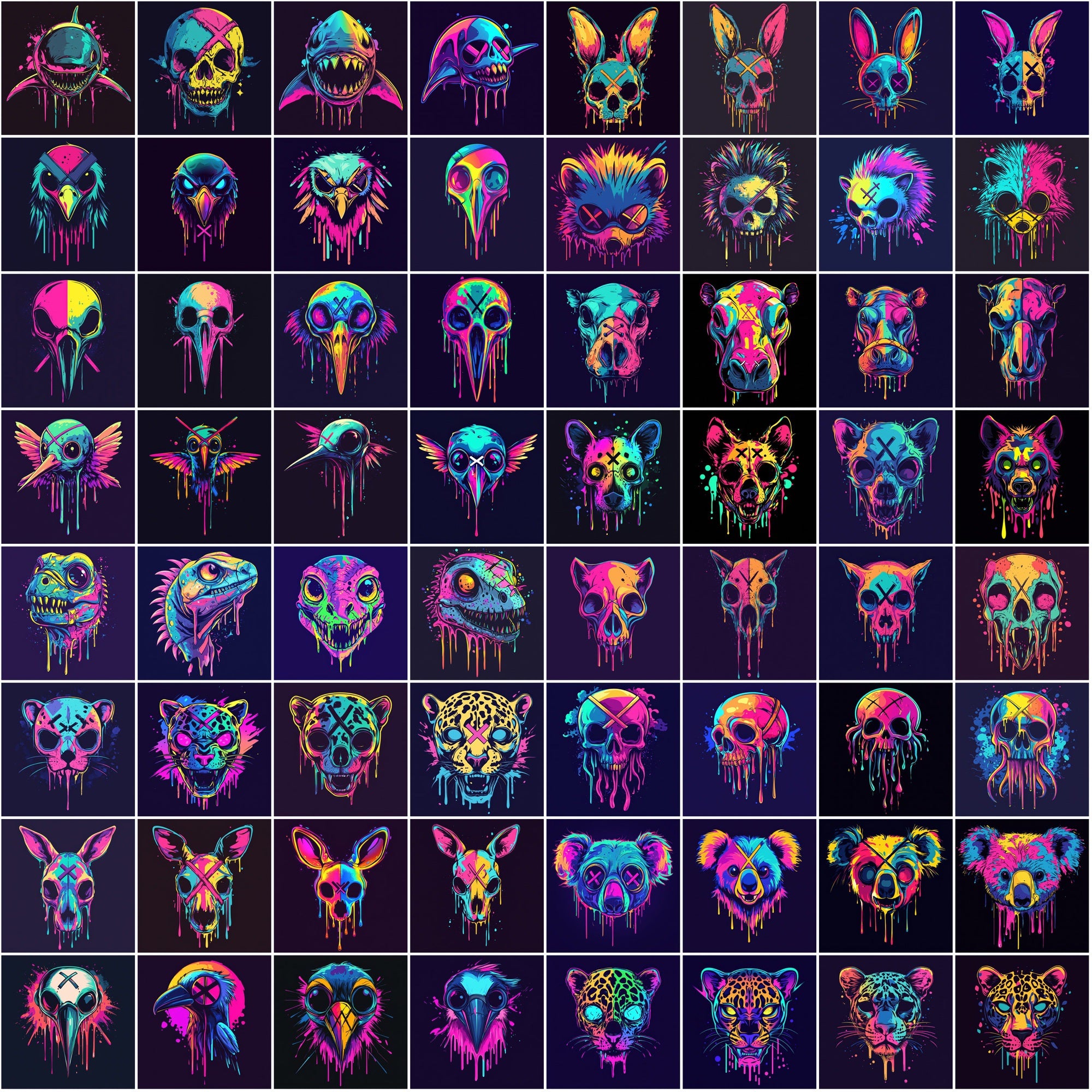 615 Dripping Skull Illustrations – Neon Animal Art, Dark Aesthetic, Commercial Use