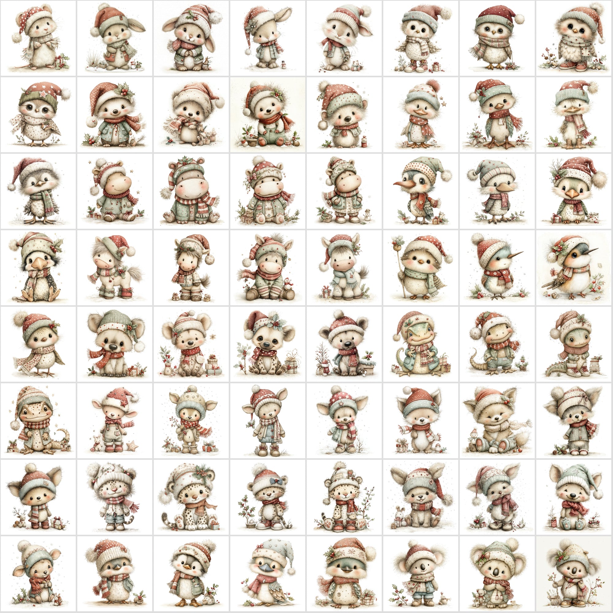 630 Baby Christmas Animal Clipart – Cute Winter Wildlife with Santa Hats & Scarves, Holiday Baby Animals, High-Resolution JPGs