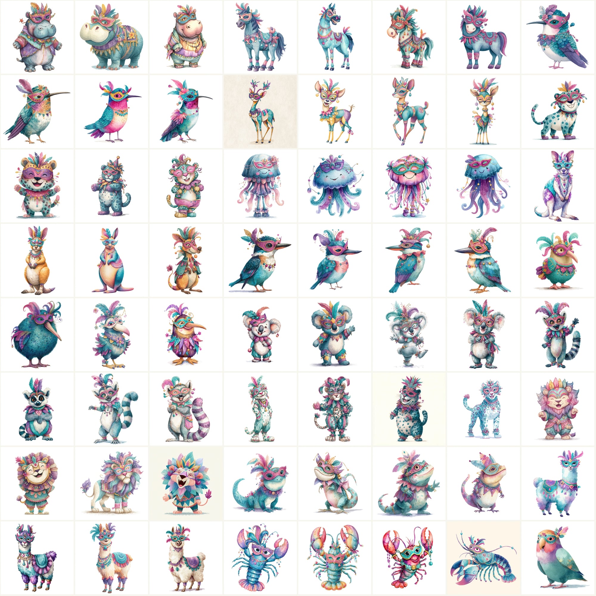 589 Festive Masquerade Animal Clipart – High-Res Watercolor JPGs with Commercial License