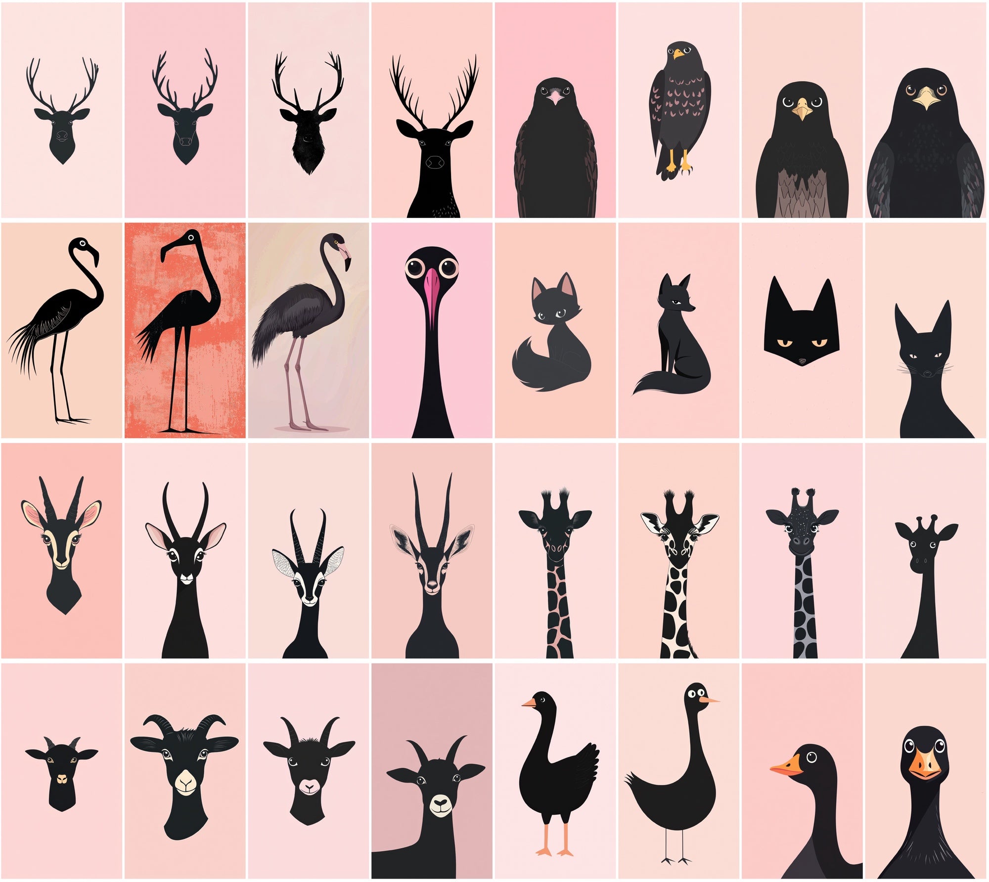 390 Minimalist Animal Illustrations on Pastel Pink Backgrounds