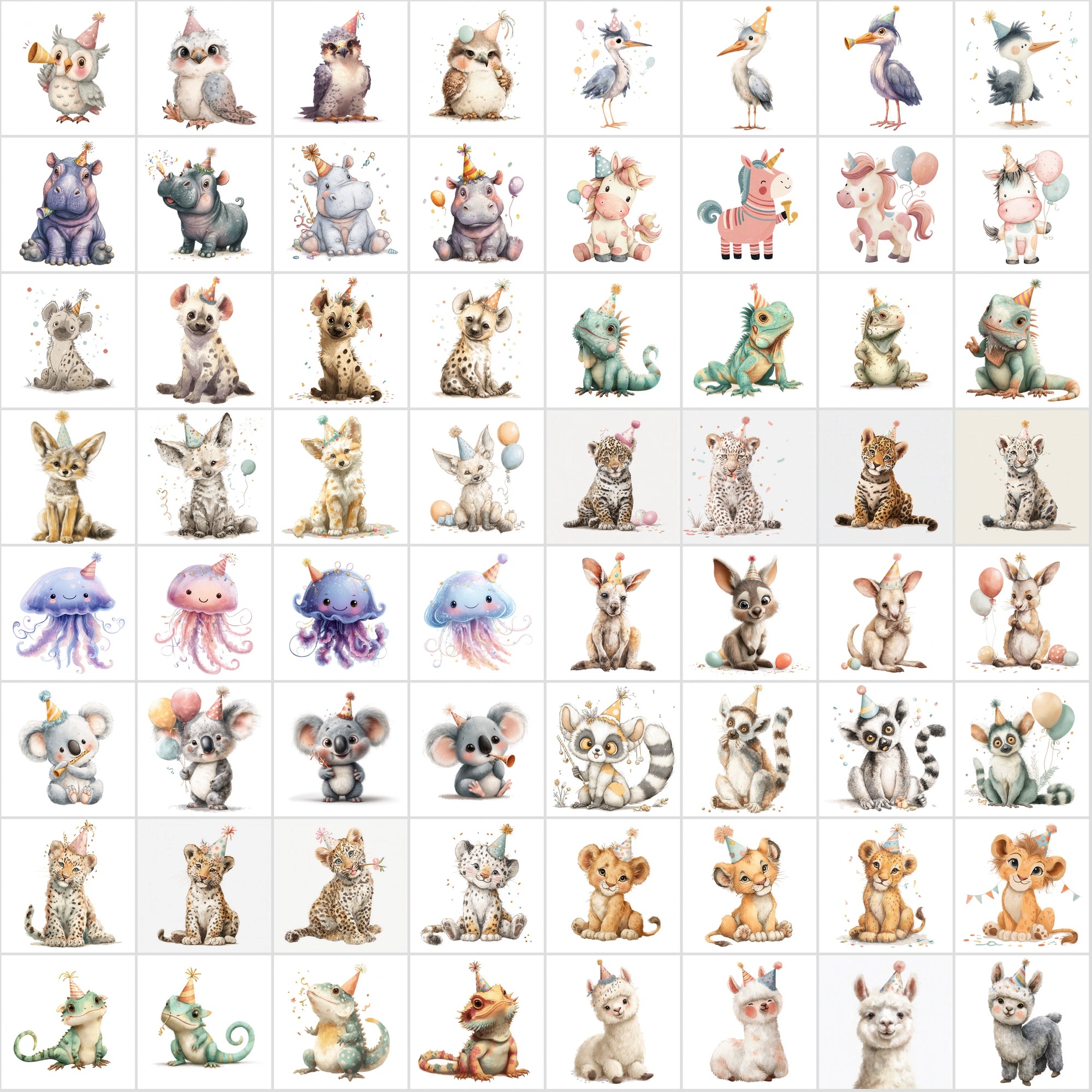 600 Cute Party Animal Clipart | Birthday Animal Illustrations | Pastel Baby Animal Graphics