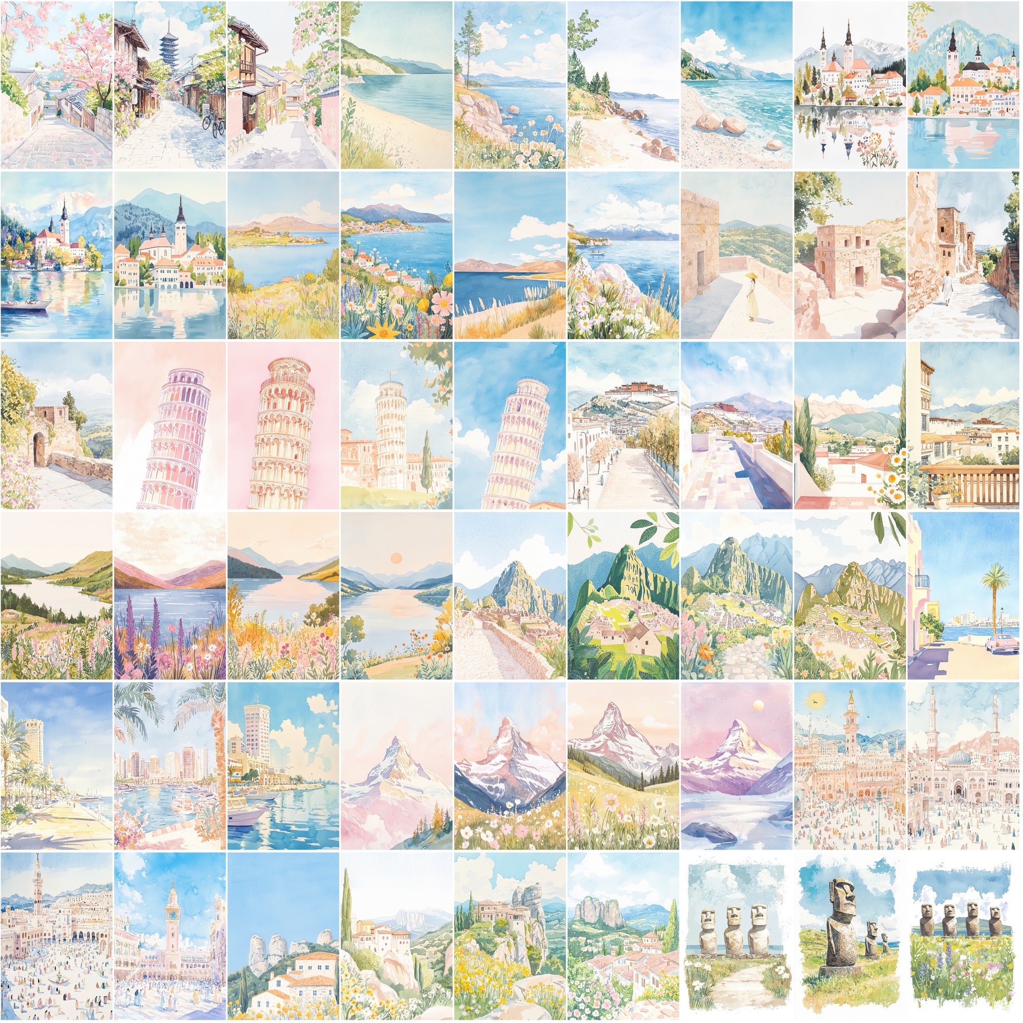 520 Gouache World Landmarks Illustrations | Pastel Color Travel Art