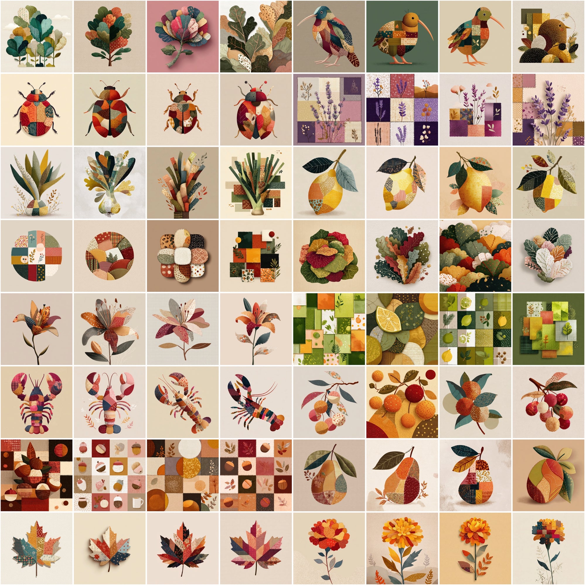 620 Cozy Patchwork Illustrations | Autumn Fabric Clipart | Stitched Fall Elements