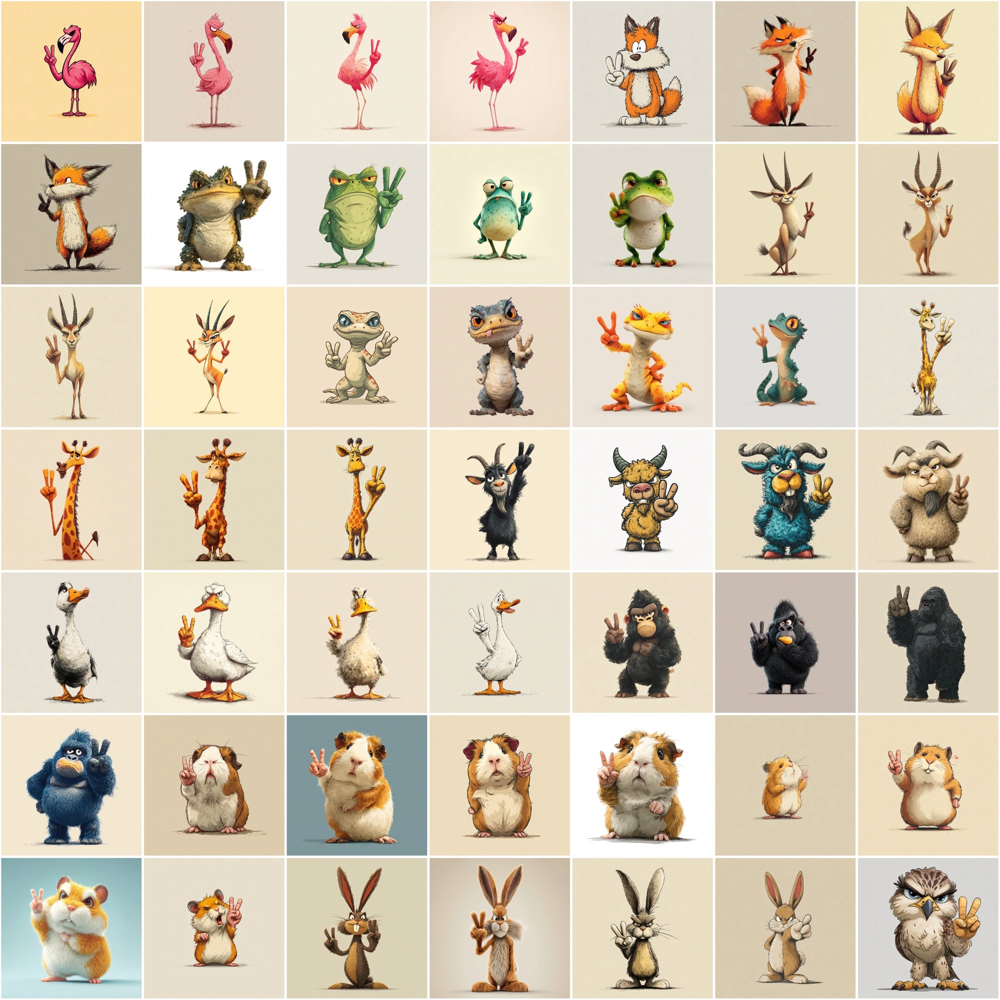 585 Peace Sign Animal Illustrations | Cute Cartoon Animals Bundle