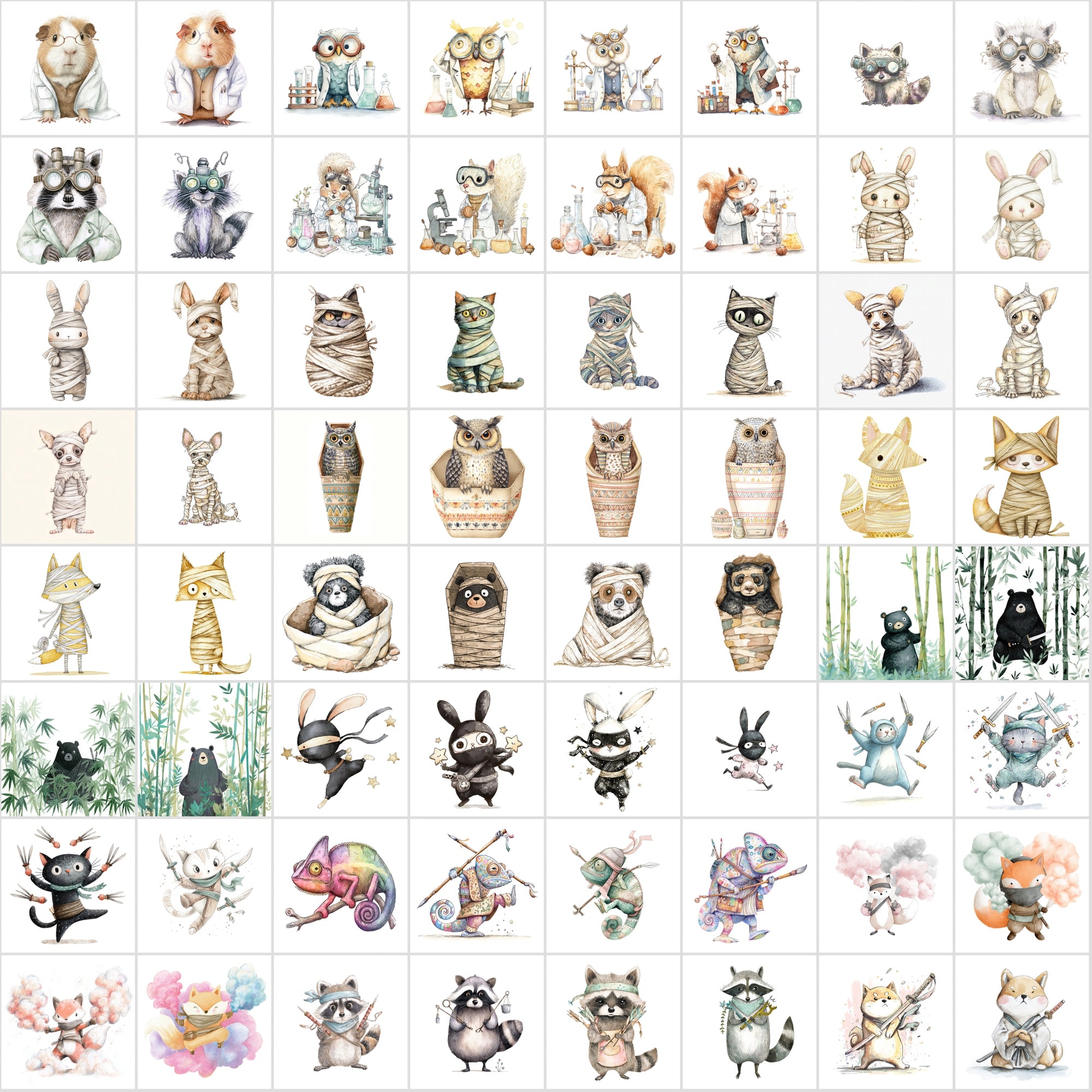 600 Cute Halloween Animal Clipart, Whimsical Spooky Critters Bundle, Watercolor Graphics, Commercial Use JPG, Digital Download