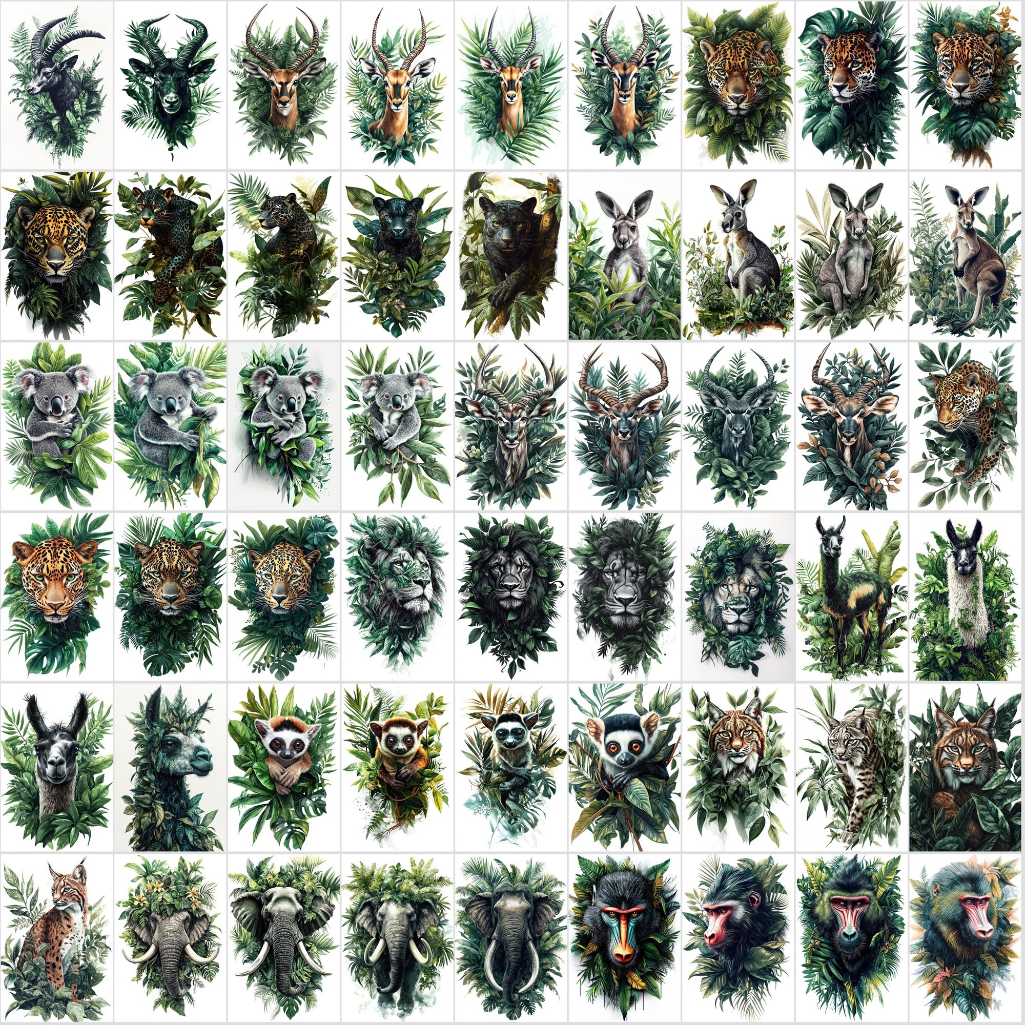 580 Animal Illustrations with Green Foliage