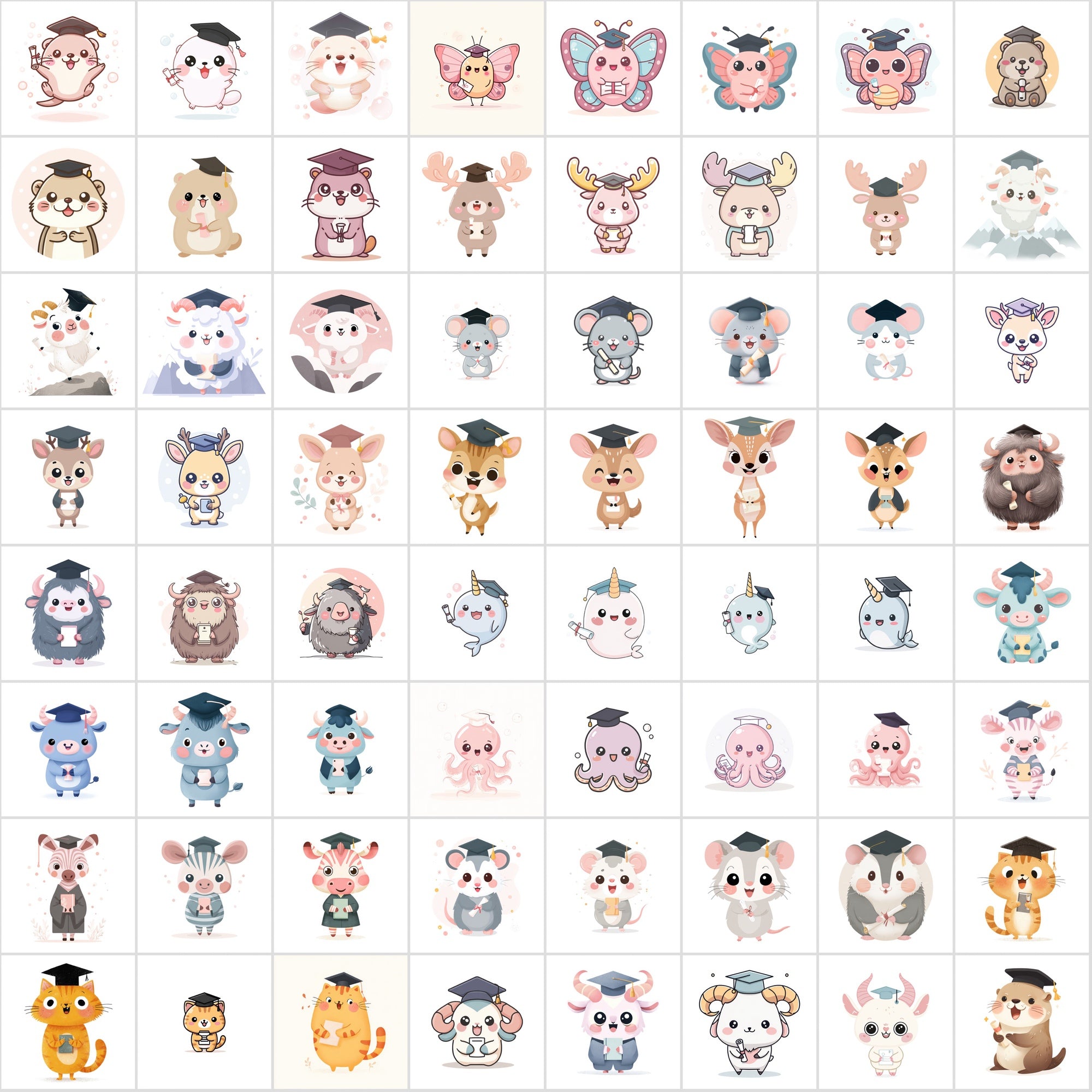 610 Kawaii Graduation Animal Clipart – High-Res JPGs | Commercial Use