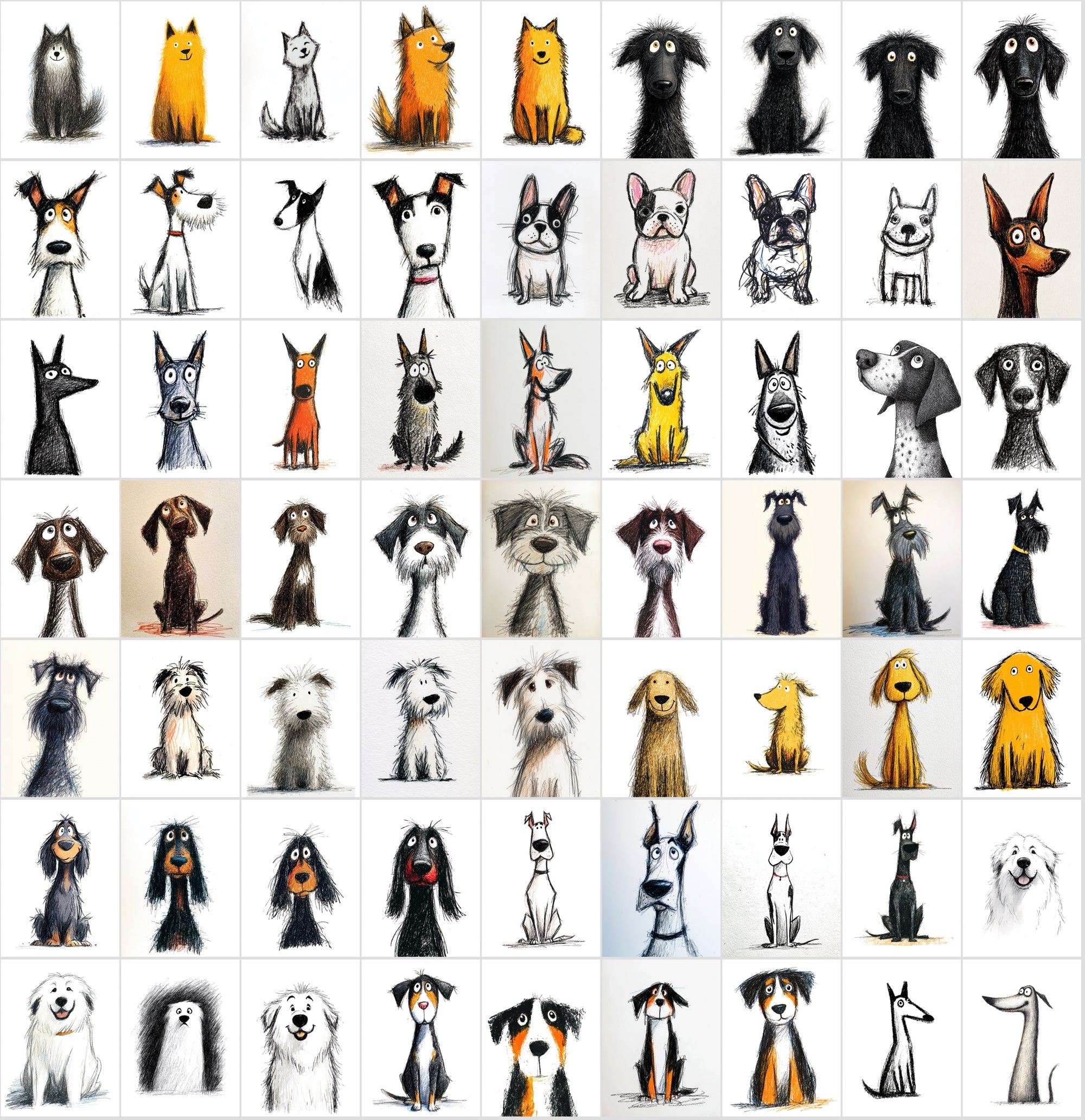 740 Dog Breed Doodle Illustrations – Quirky Sketch Clipart Bundle, Commercial License