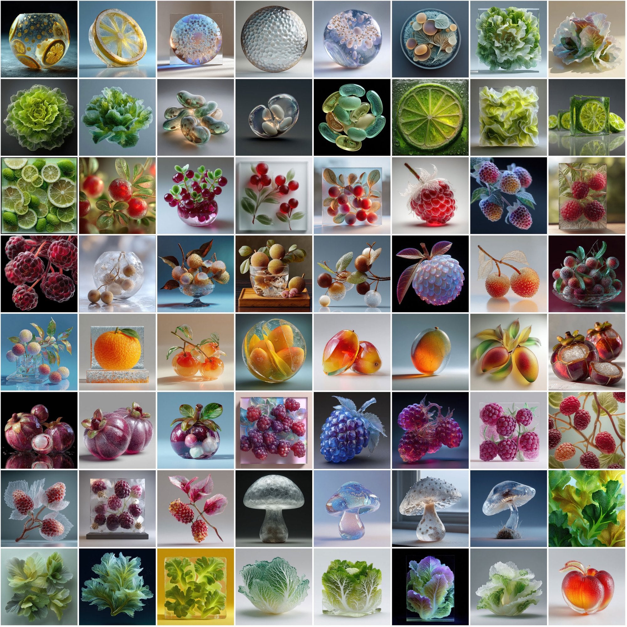 600 Frosted Glass Fruits & Veggies – High-Res JPGs for Design, Decor & Print