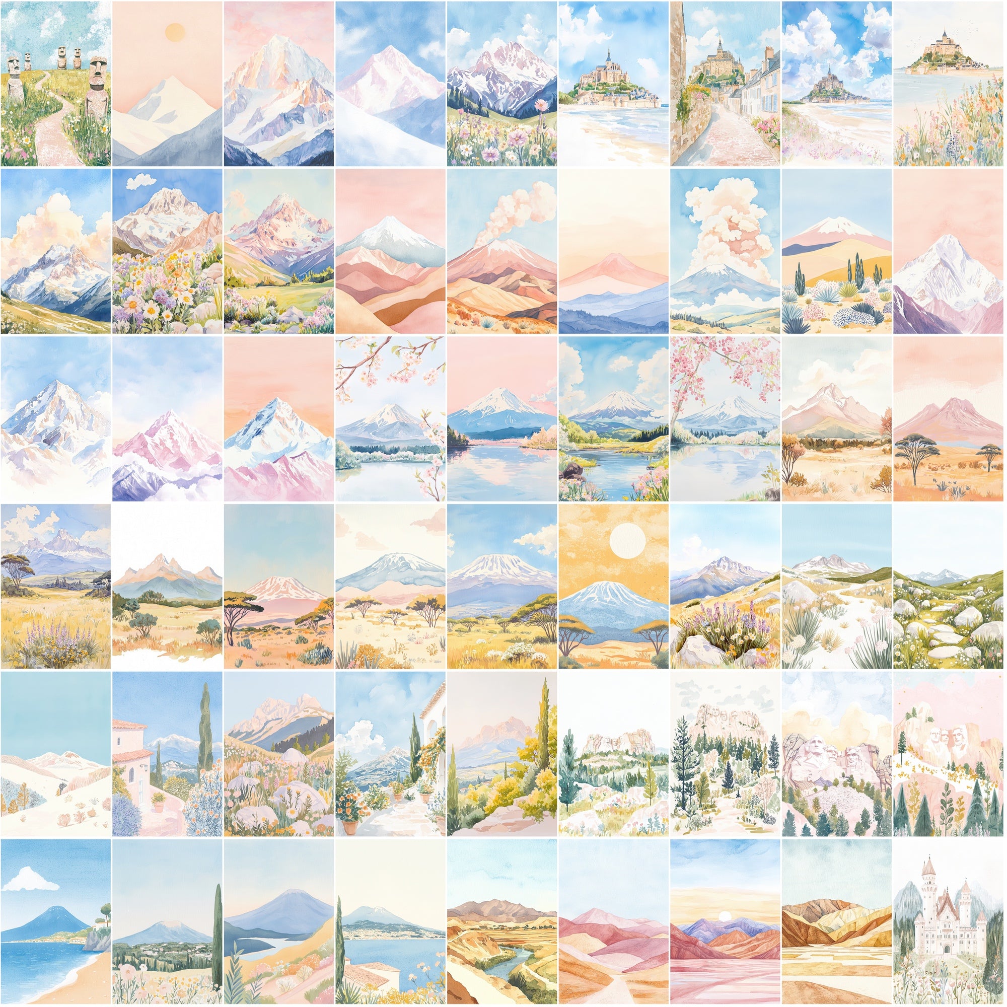 520 Gouache World Landmarks Illustrations | Pastel Color Travel Art