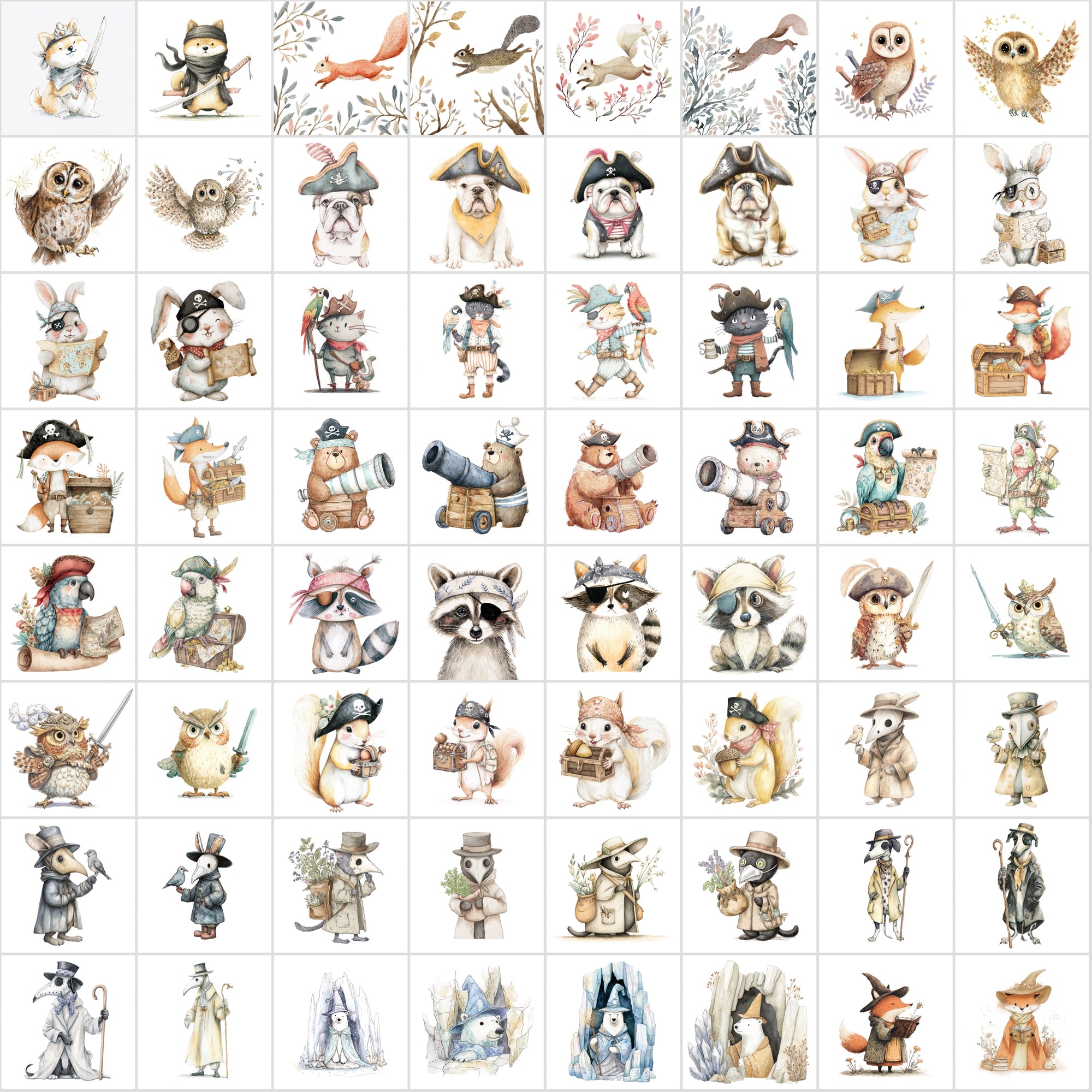 600 Cute Halloween Animal Clipart, Whimsical Spooky Critters Bundle, Watercolor Graphics, Commercial Use JPG, Digital Download