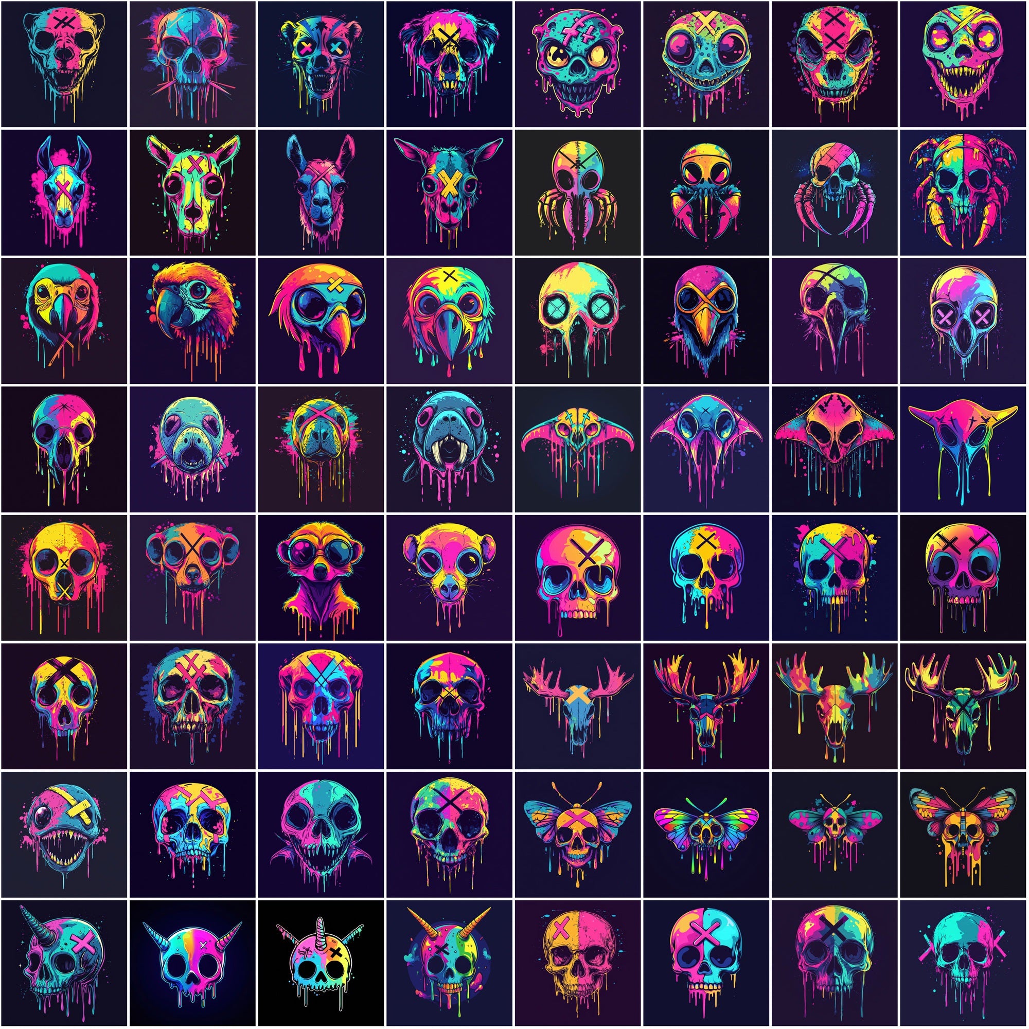 615 Dripping Skull Illustrations – Neon Animal Art, Dark Aesthetic, Commercial Use