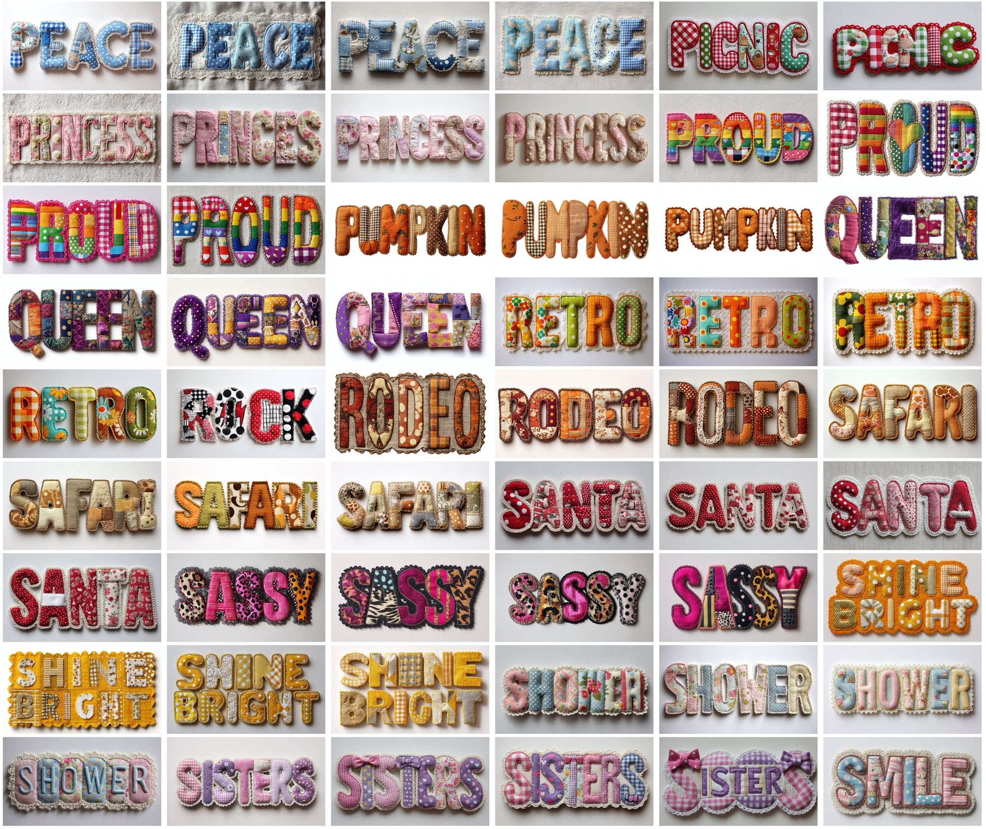 420 Fabric Patchwork Word Art Images | Retro Bubble Font Quilt Applique