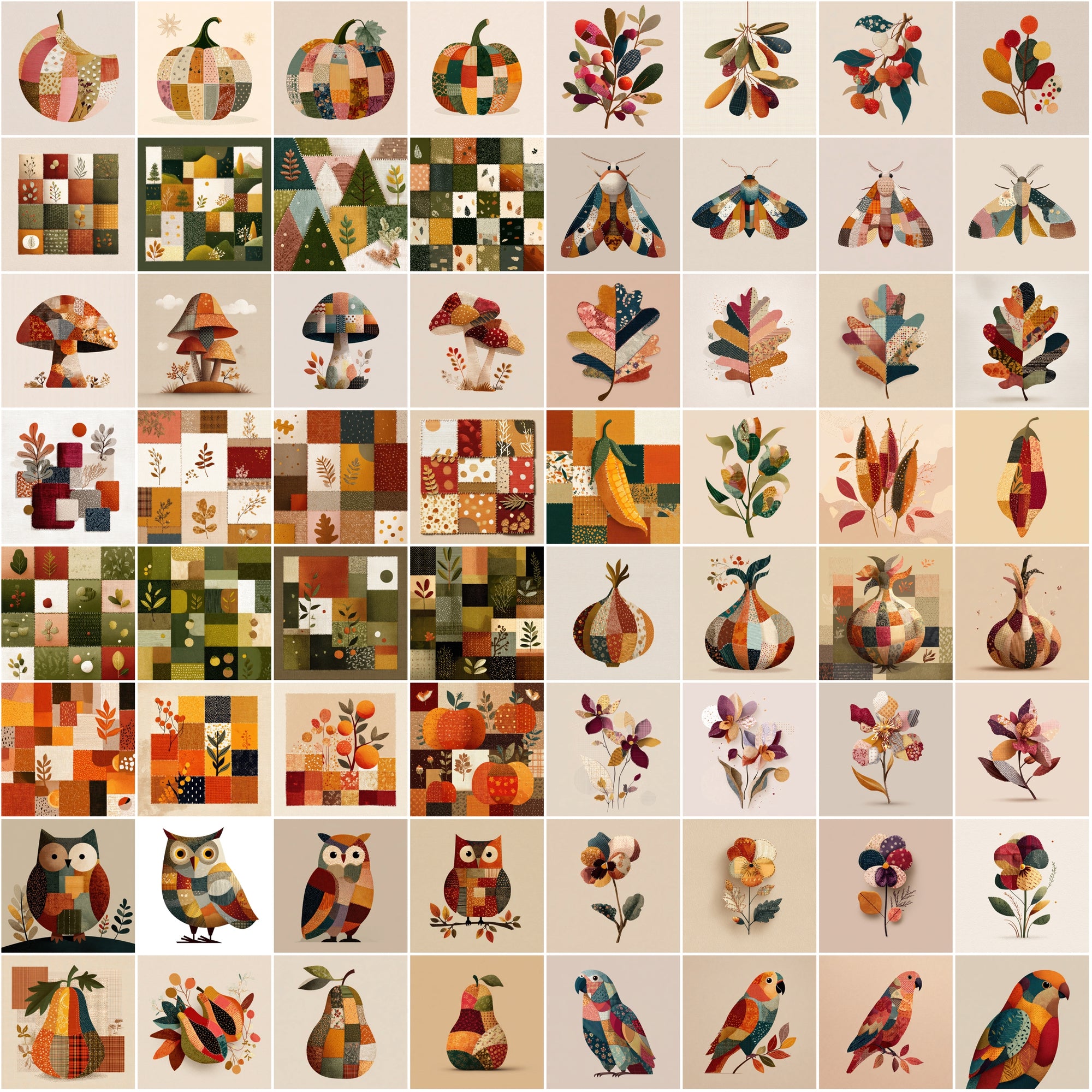 620 Cozy Patchwork Illustrations | Autumn Fabric Clipart | Stitched Fall Elements