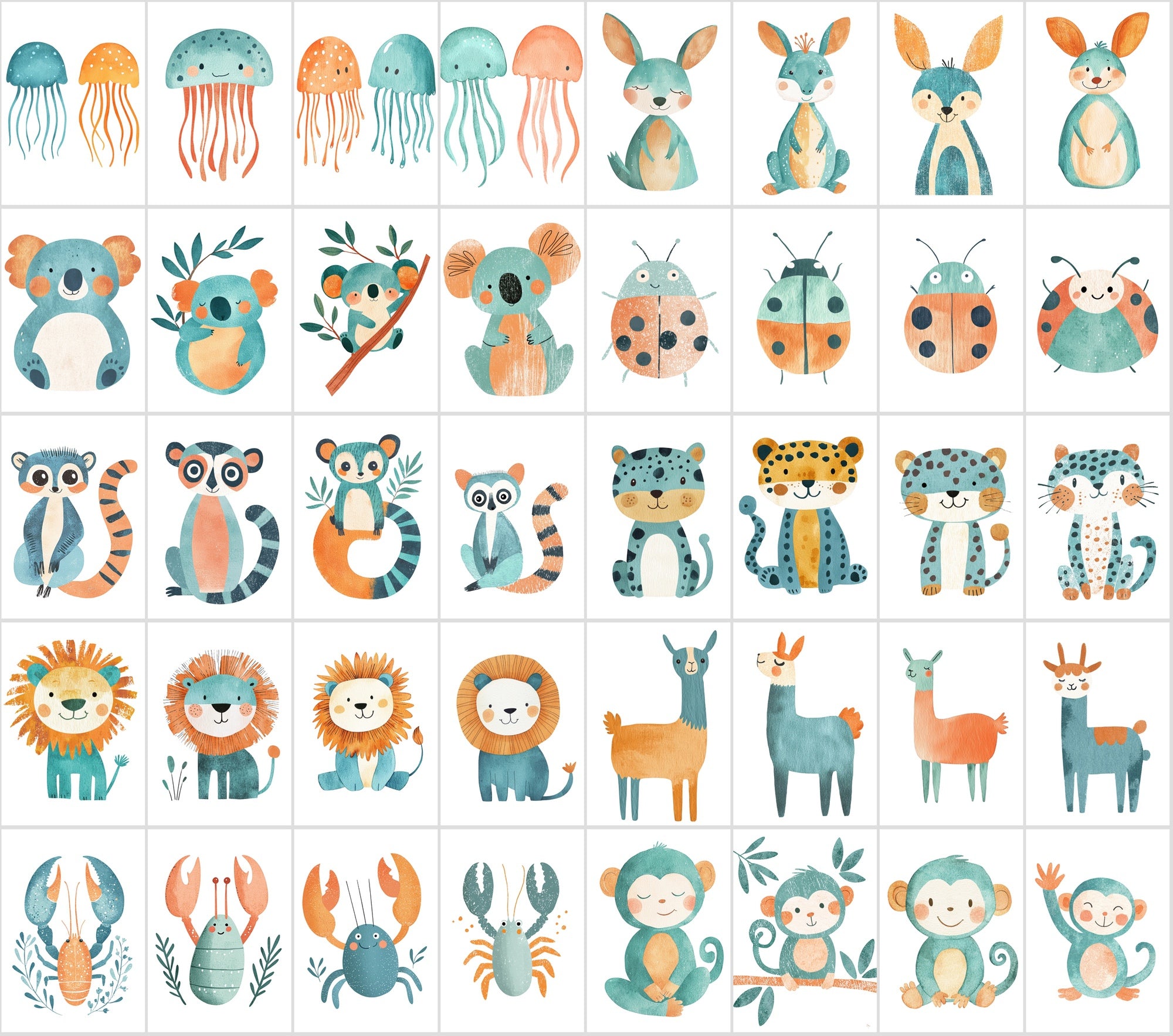 400 Teal & Orange Minimalist Animal Illustrations | Commercial License