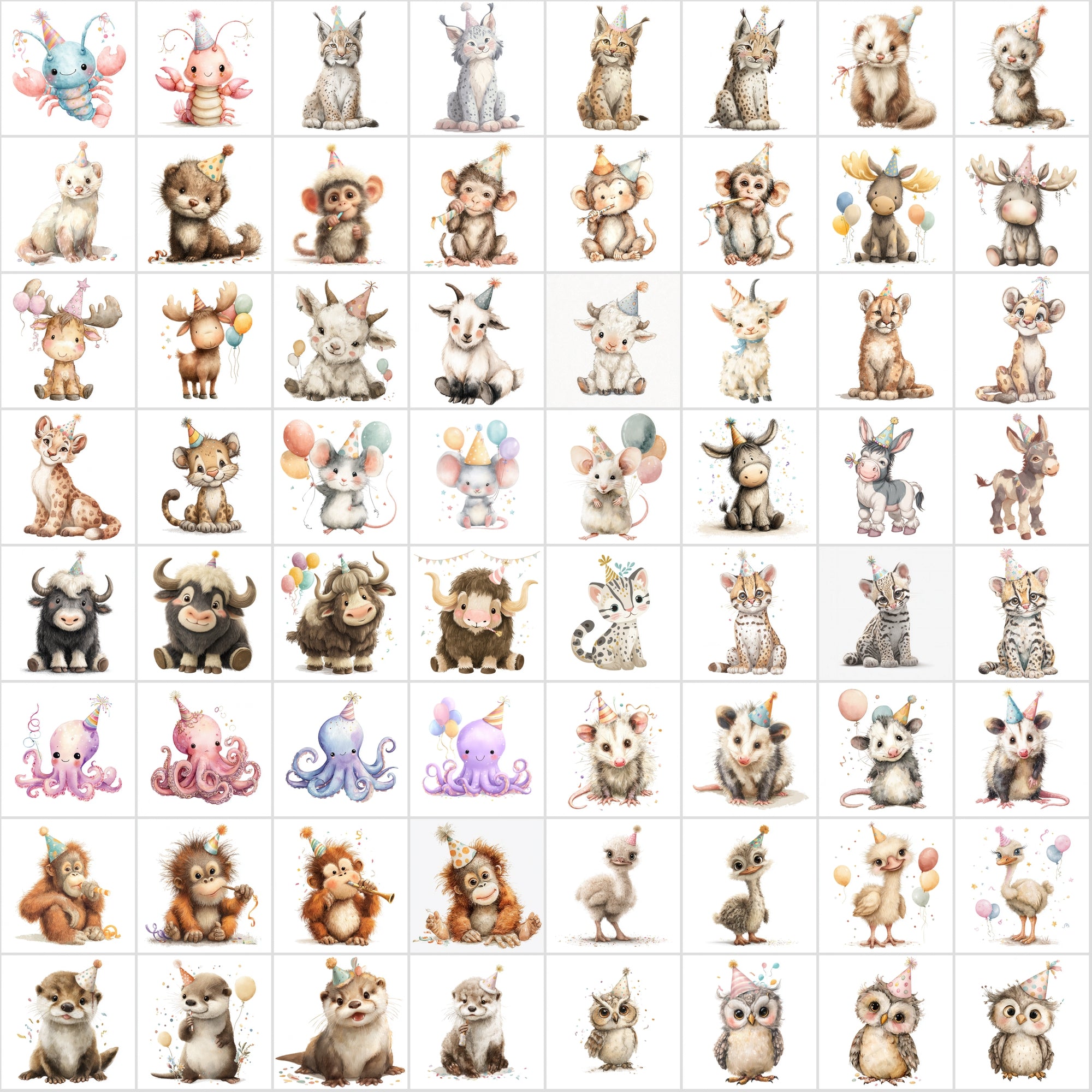 600 Cute Party Animal Clipart | Birthday Animal Illustrations | Pastel Baby Animal Graphics