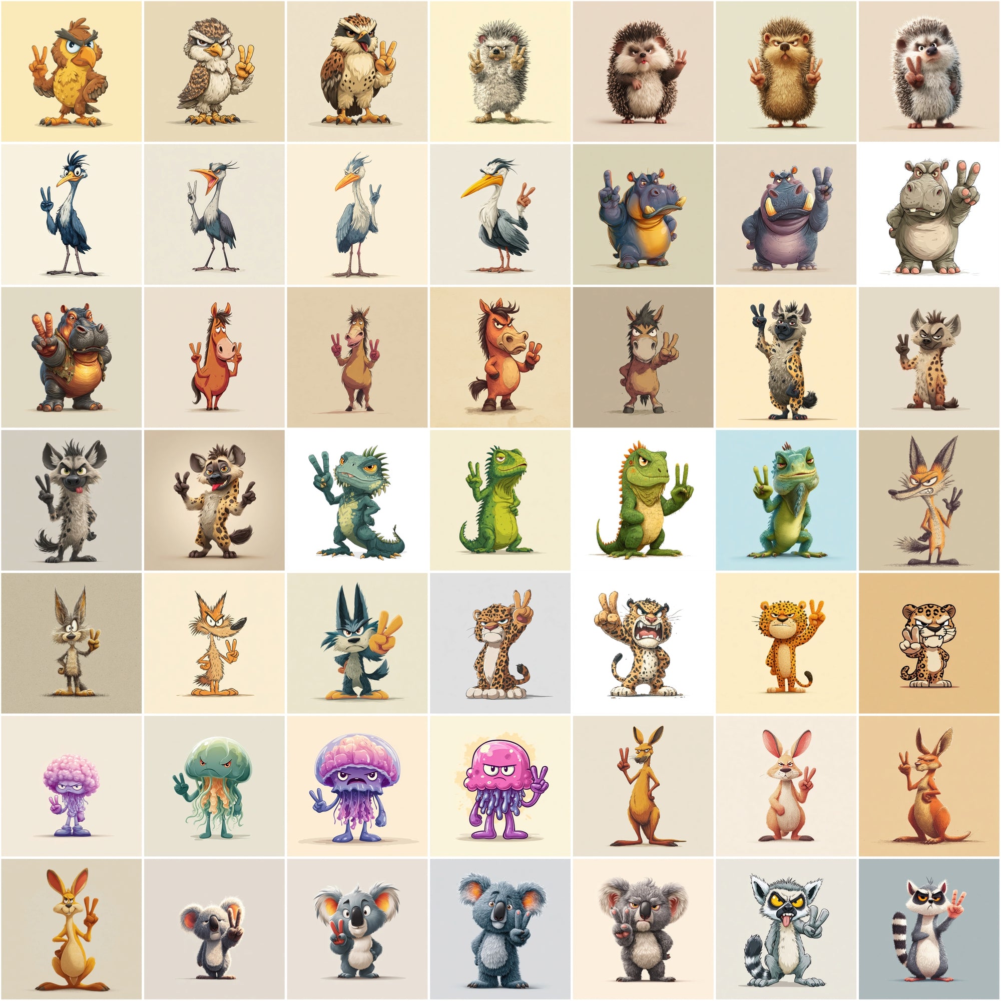 585 Peace Sign Animal Illustrations | Cute Cartoon Animals Bundle