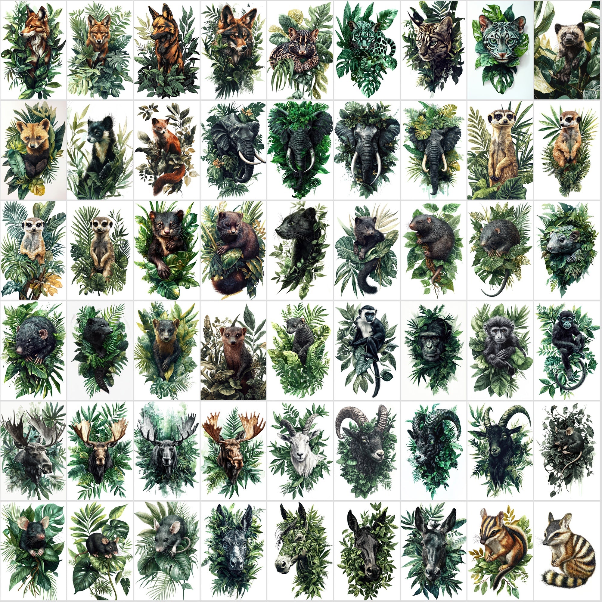 580 Animal Illustrations with Green Foliage