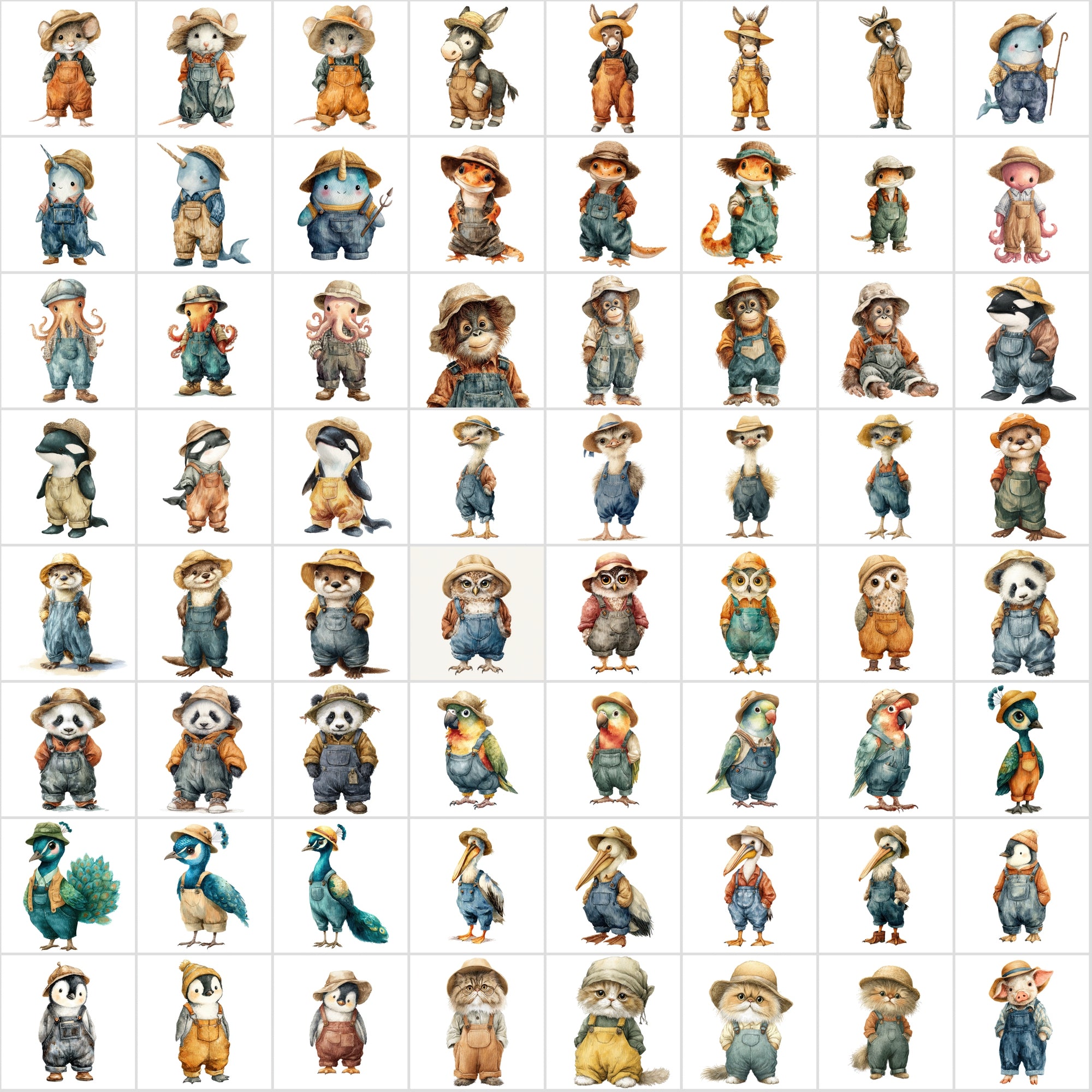 650 Cute Watercolor Animal Clipart – Adorable Animals in Corduroy Overalls & Hats