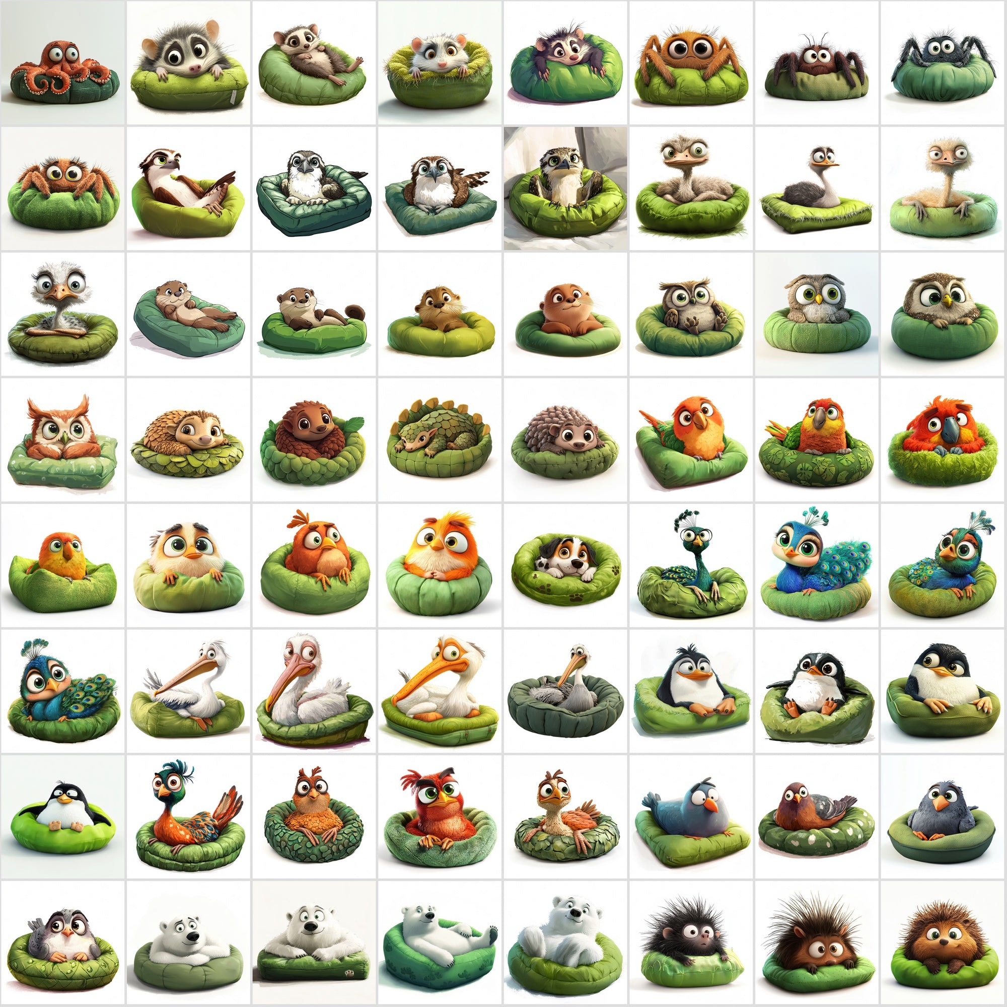 650 Adorable Lazy Animal Images on Green Pillow