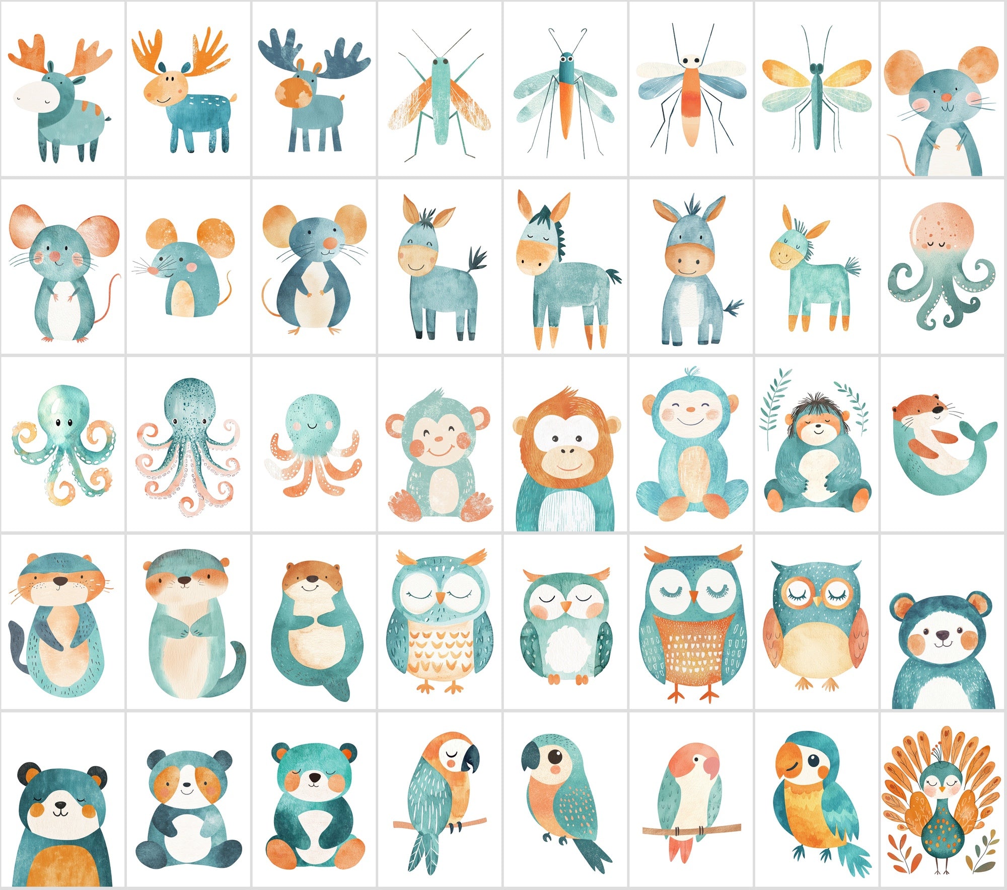 400 Teal & Orange Minimalist Animal Illustrations | Commercial License