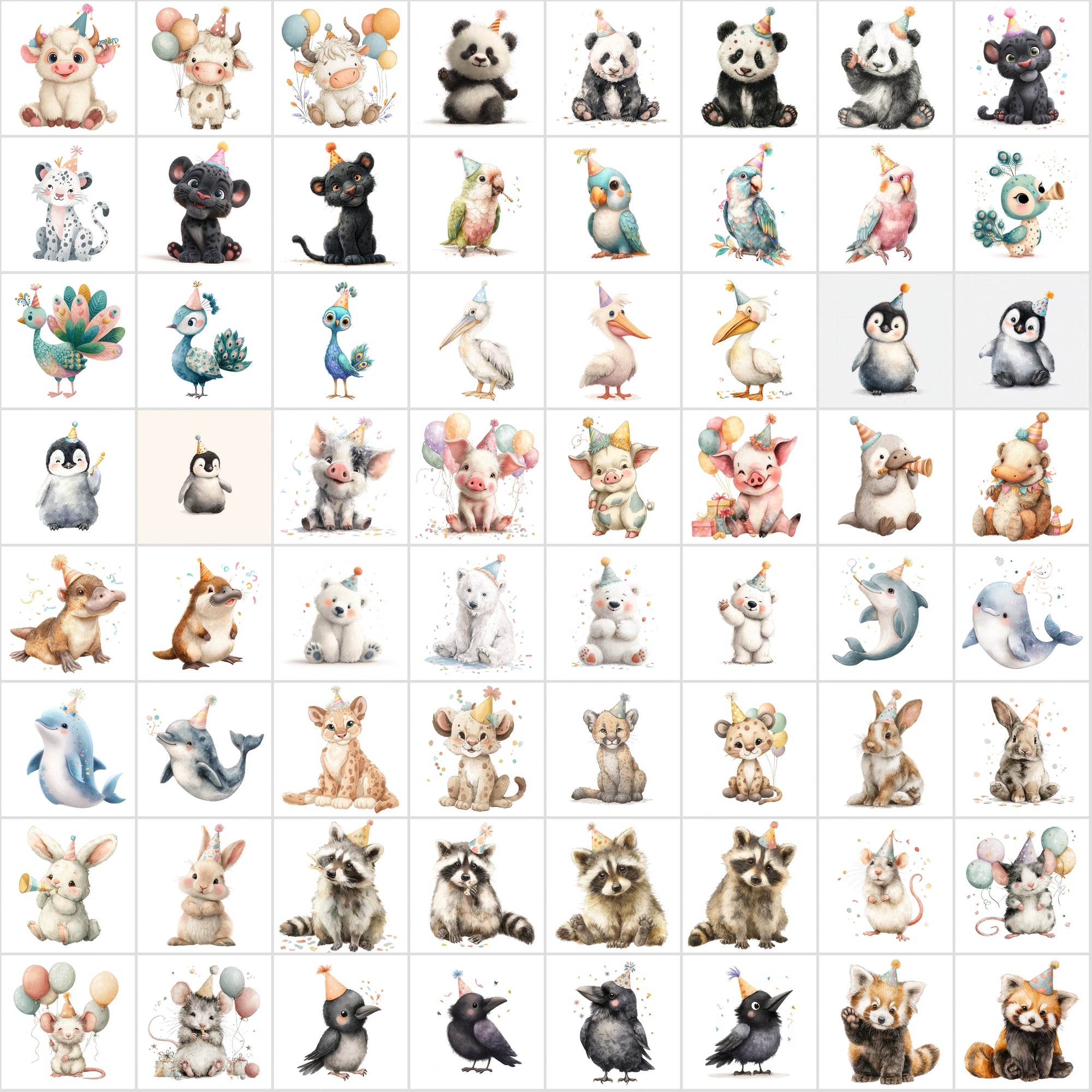 600 Cute Party Animal Clipart | Birthday Animal Illustrations | Pastel Baby Animal Graphics