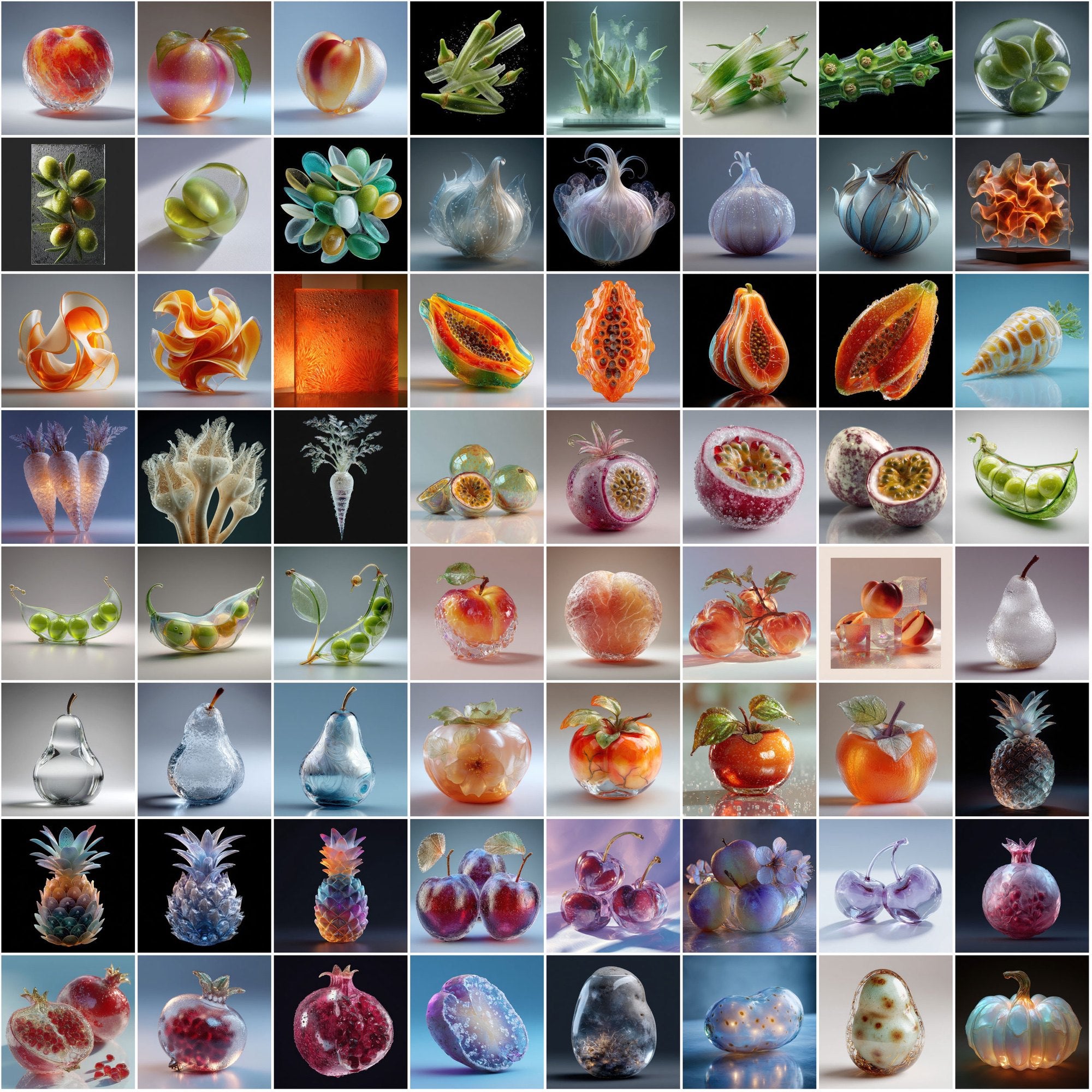 600 Frosted Glass Fruits & Veggies – High-Res JPGs for Design, Decor & Print