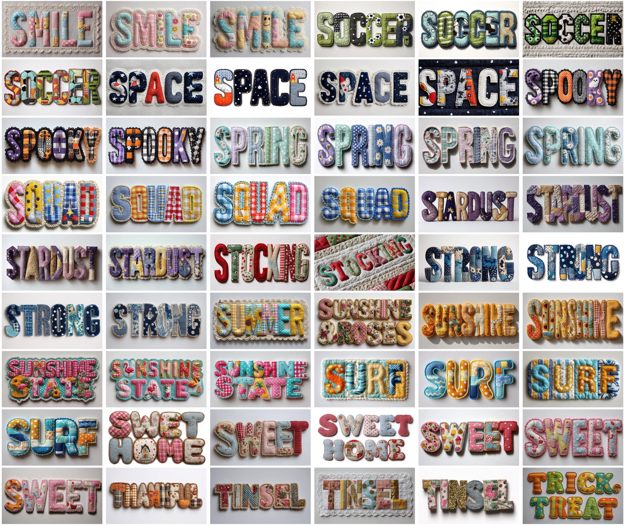 420 Fabric Patchwork Word Art Images | Retro Bubble Font Quilt Applique