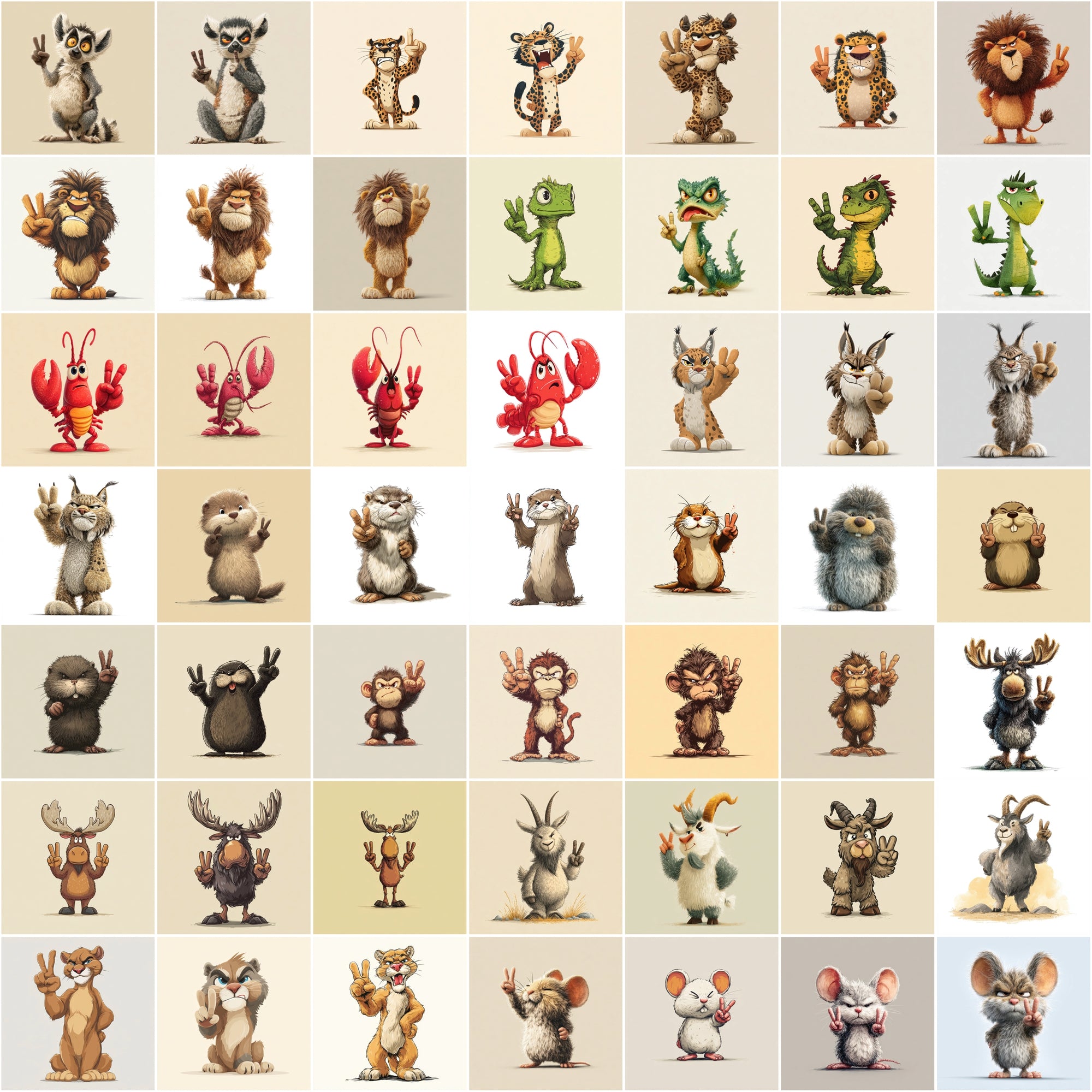 585 Peace Sign Animal Illustrations | Cute Cartoon Animals Bundle