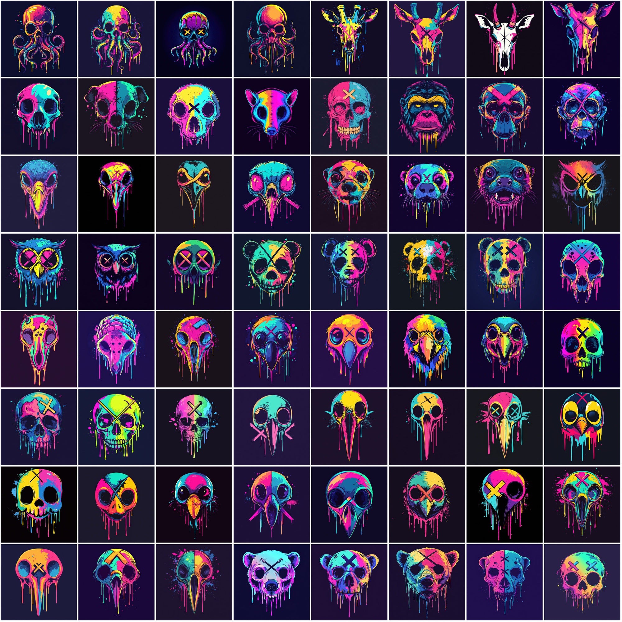 615 Dripping Skull Illustrations – Neon Animal Art, Dark Aesthetic, Commercial Use