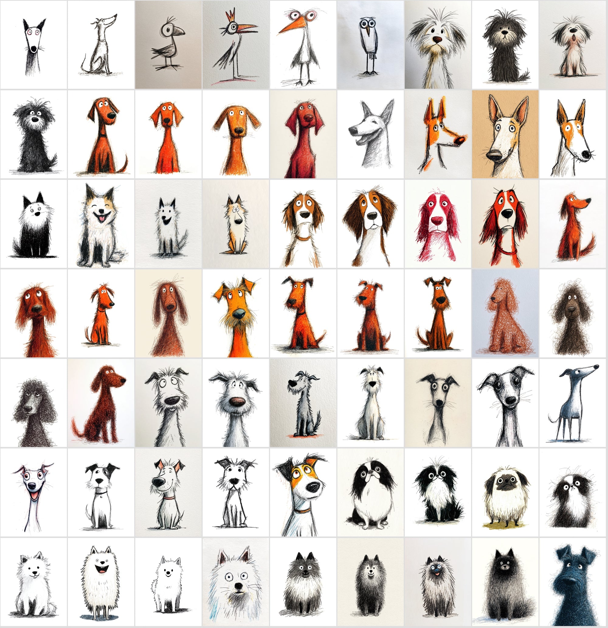 740 Dog Breed Doodle Illustrations – Quirky Sketch Clipart Bundle, Commercial License