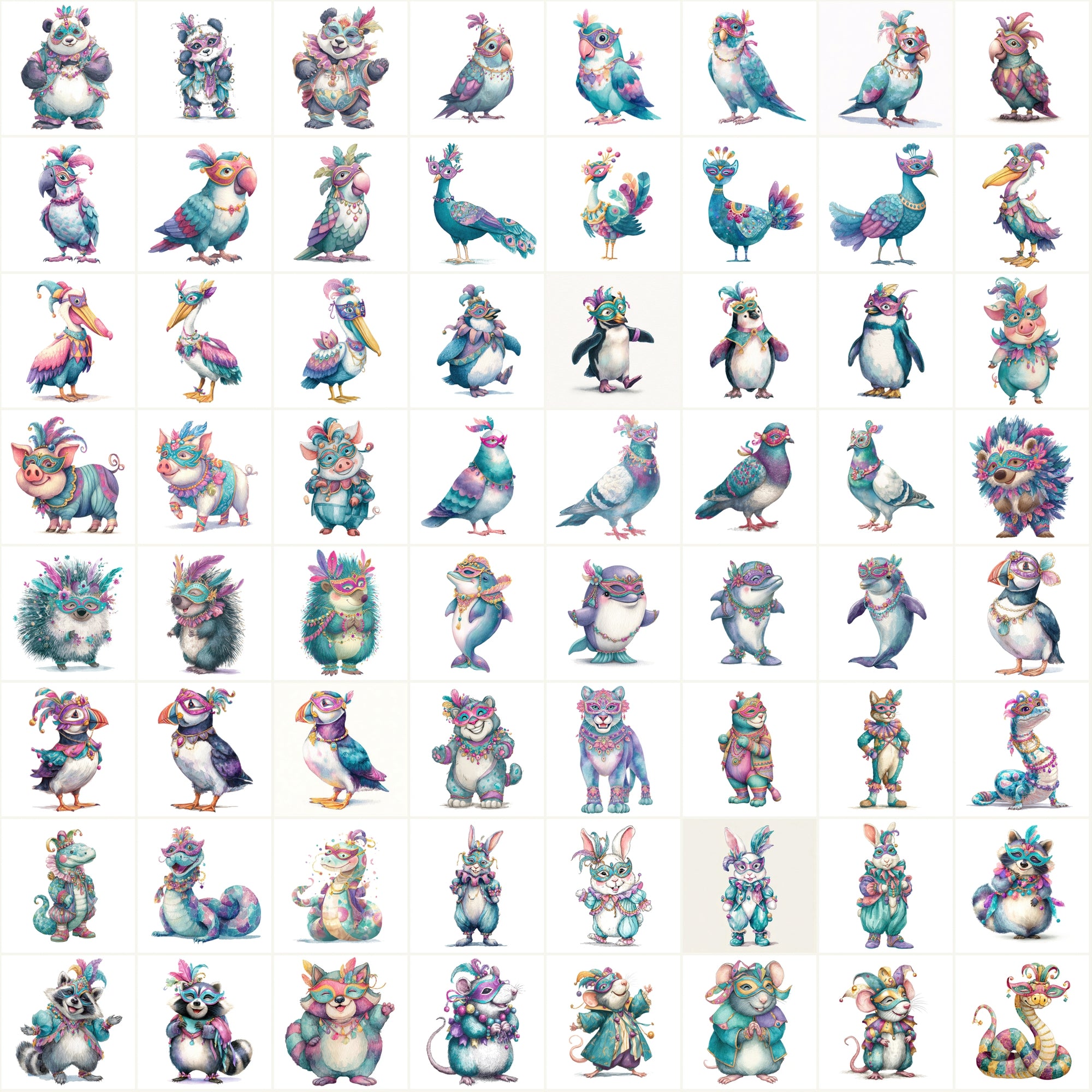 589 Festive Masquerade Animal Clipart – High-Res Watercolor JPGs with Commercial License
