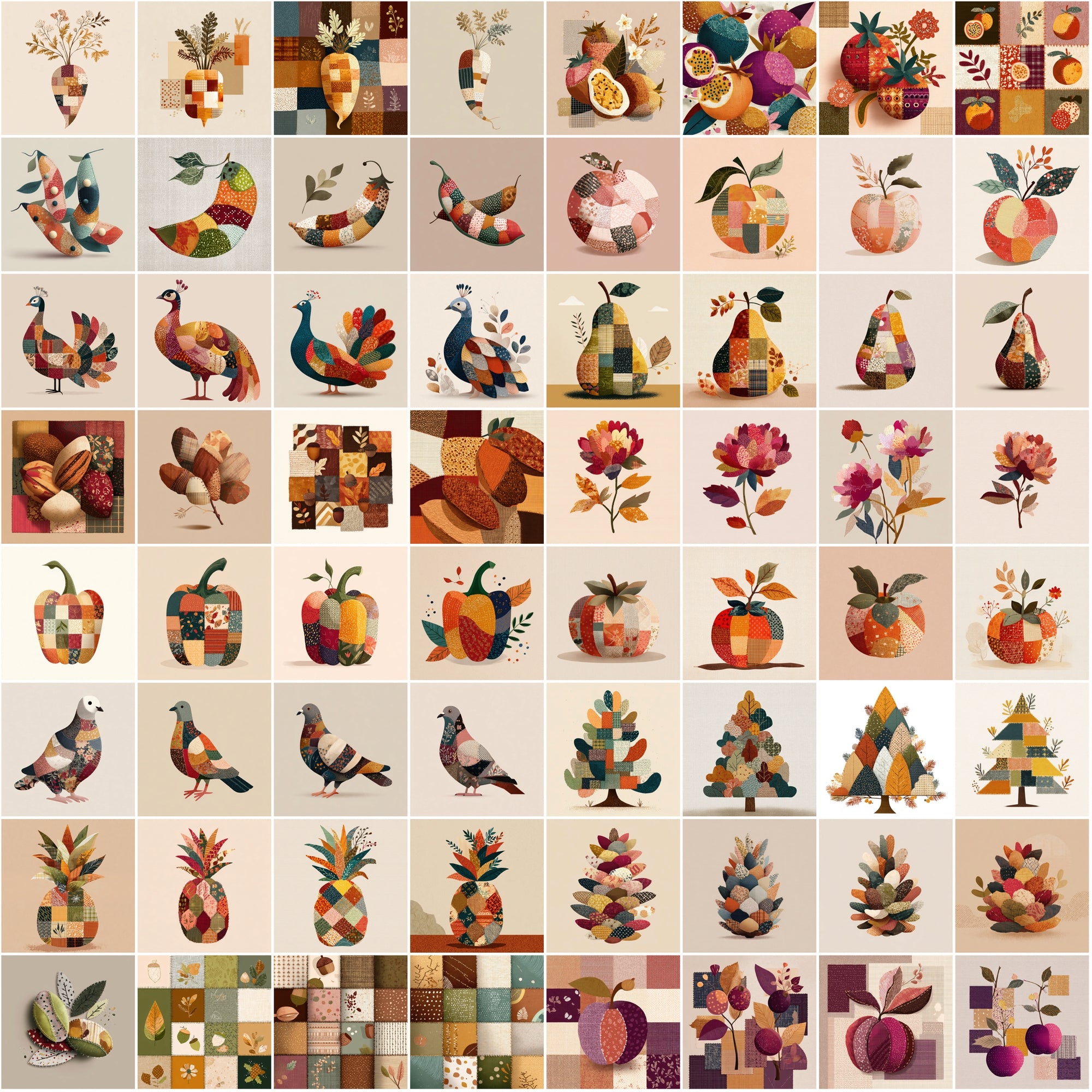 620 Cozy Patchwork Illustrations | Autumn Fabric Clipart | Stitched Fall Elements