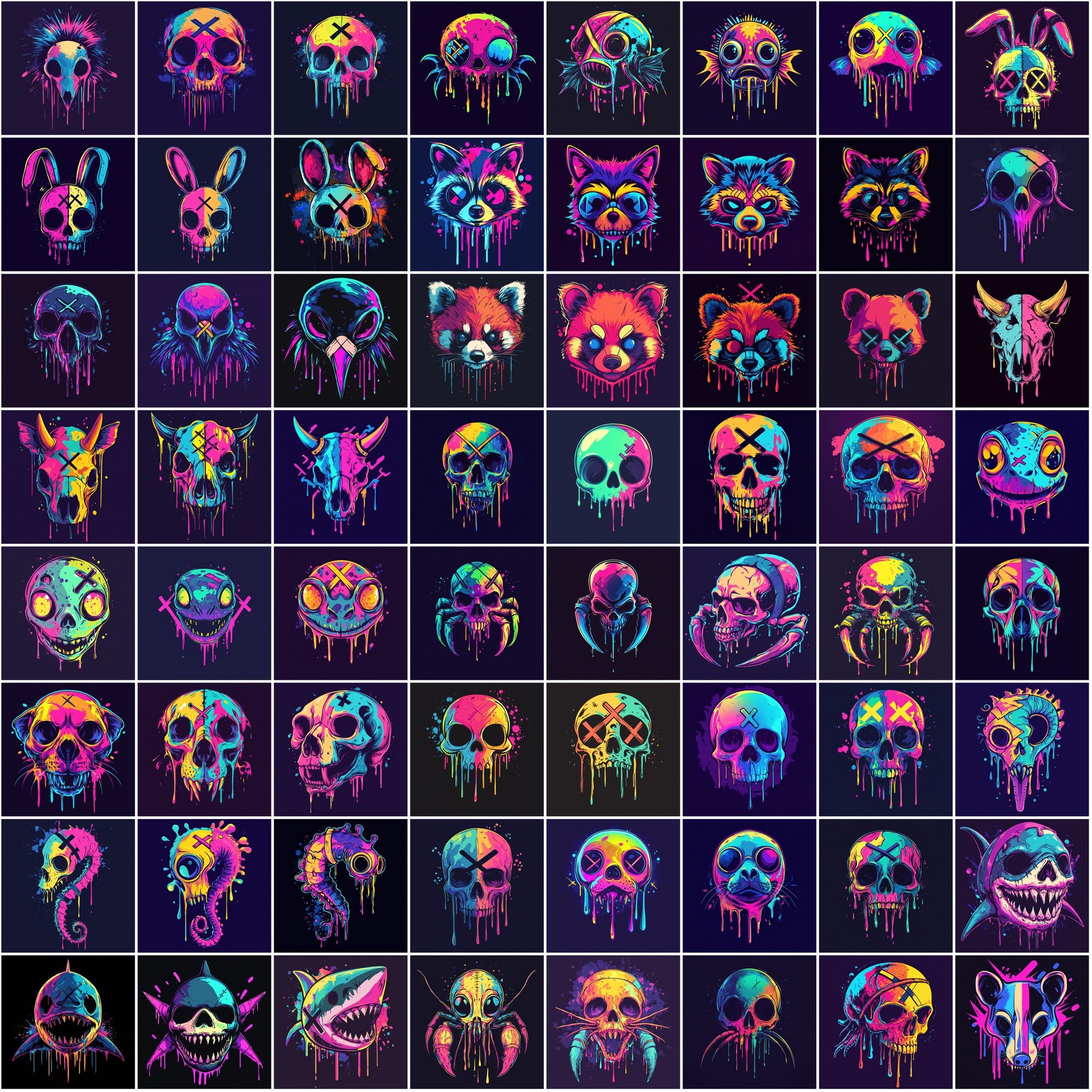 615 Dripping Skull Illustrations – Neon Animal Art, Dark Aesthetic, Commercial Use