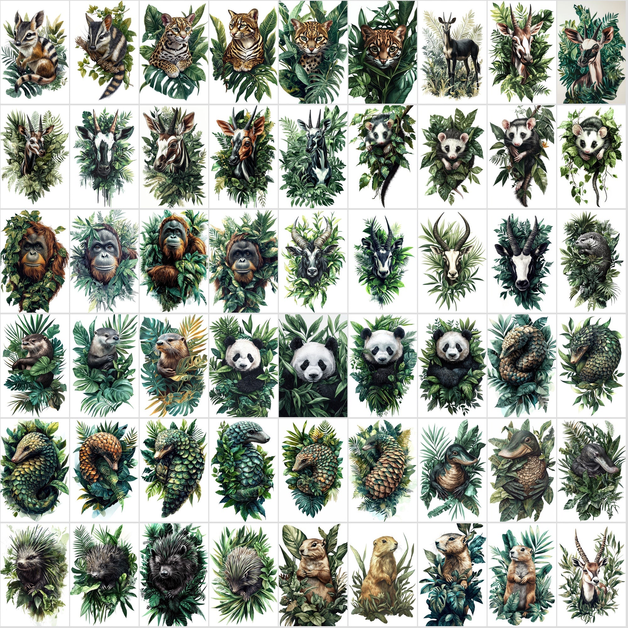 580 Animal Illustrations with Green Foliage