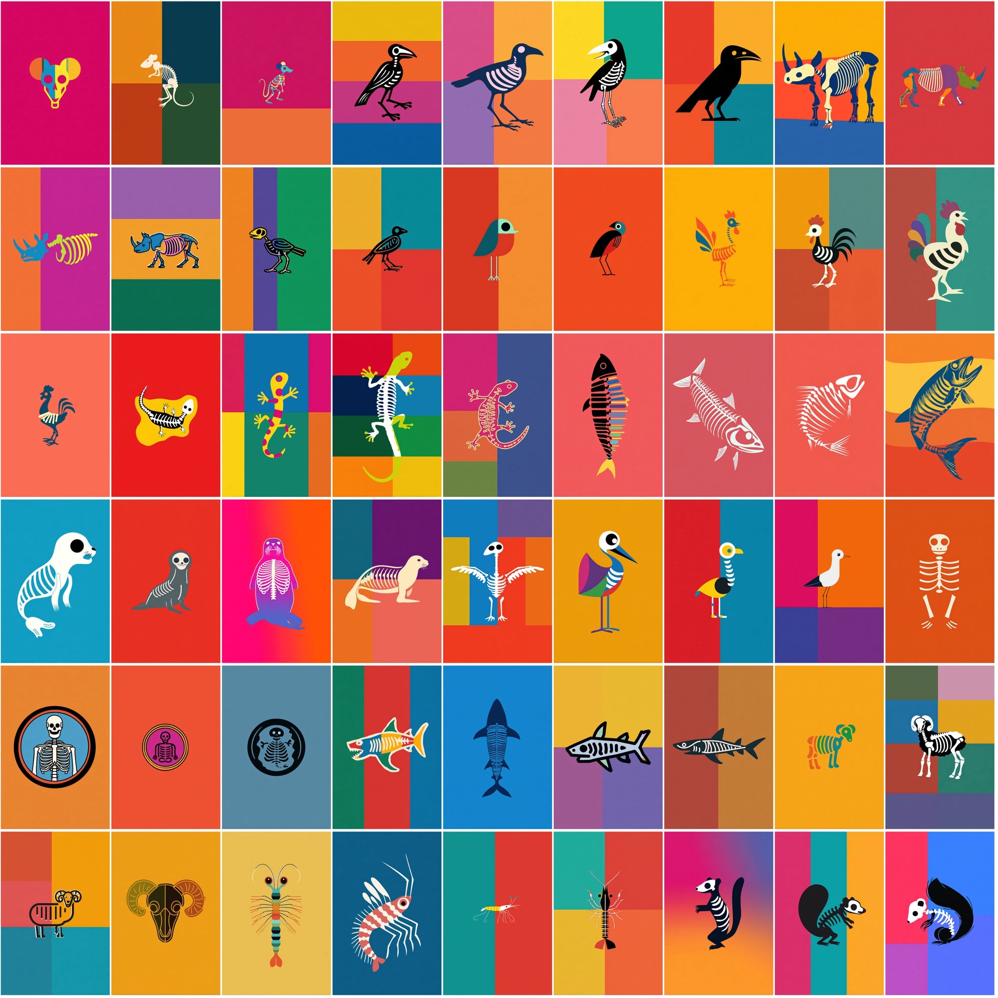 520 Skeleton Animal Illustrations | Colorful JPG Bundle with Commercial License