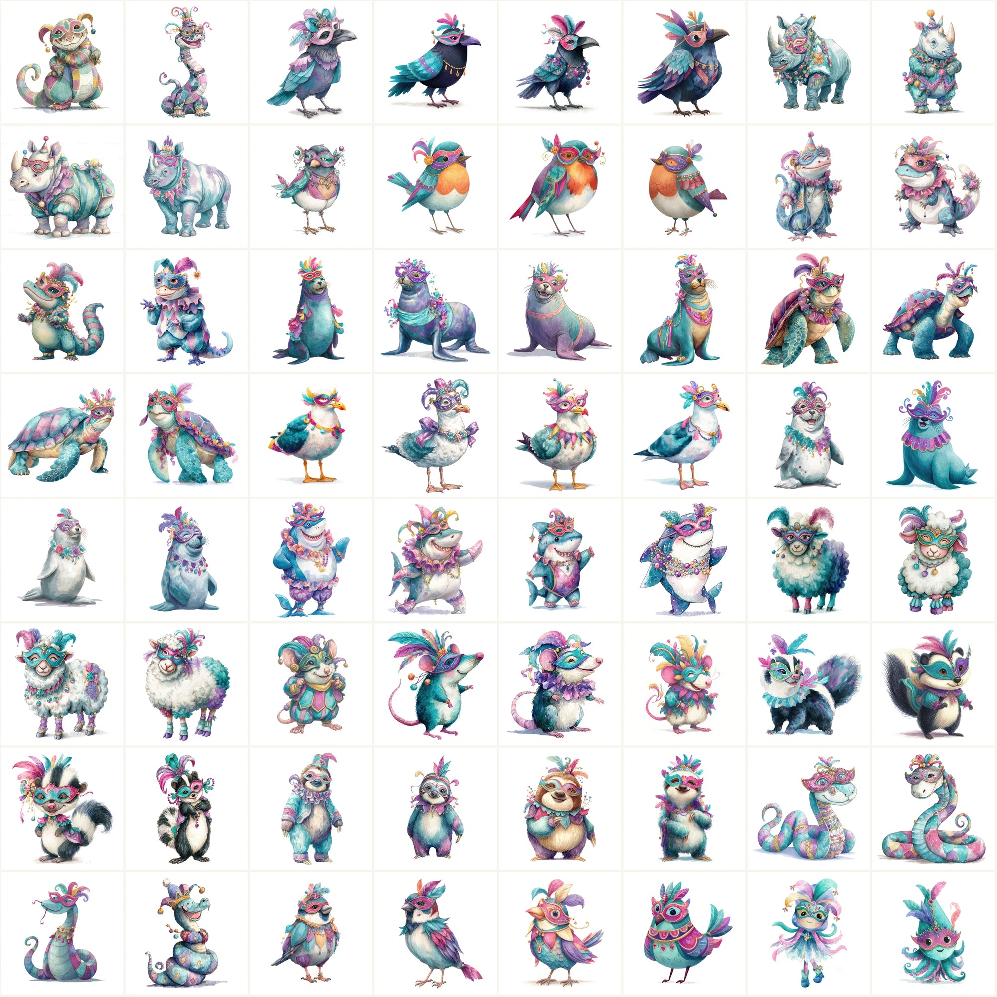 589 Festive Masquerade Animal Clipart – High-Res Watercolor JPGs with Commercial License
