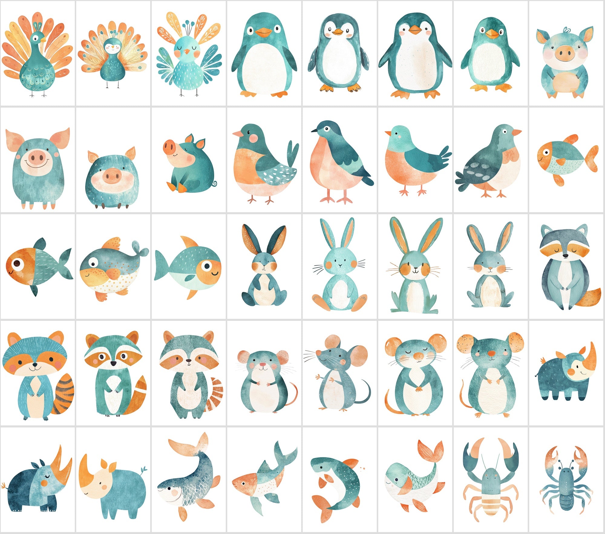 400 Teal & Orange Minimalist Animal Illustrations | Commercial License