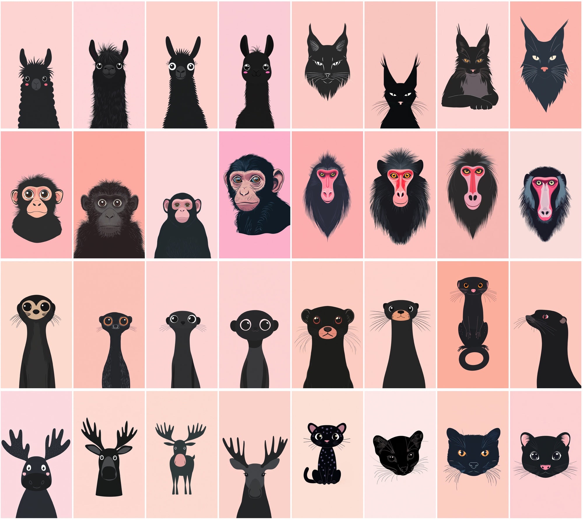 390 Minimalist Animal Illustrations on Pastel Pink Backgrounds