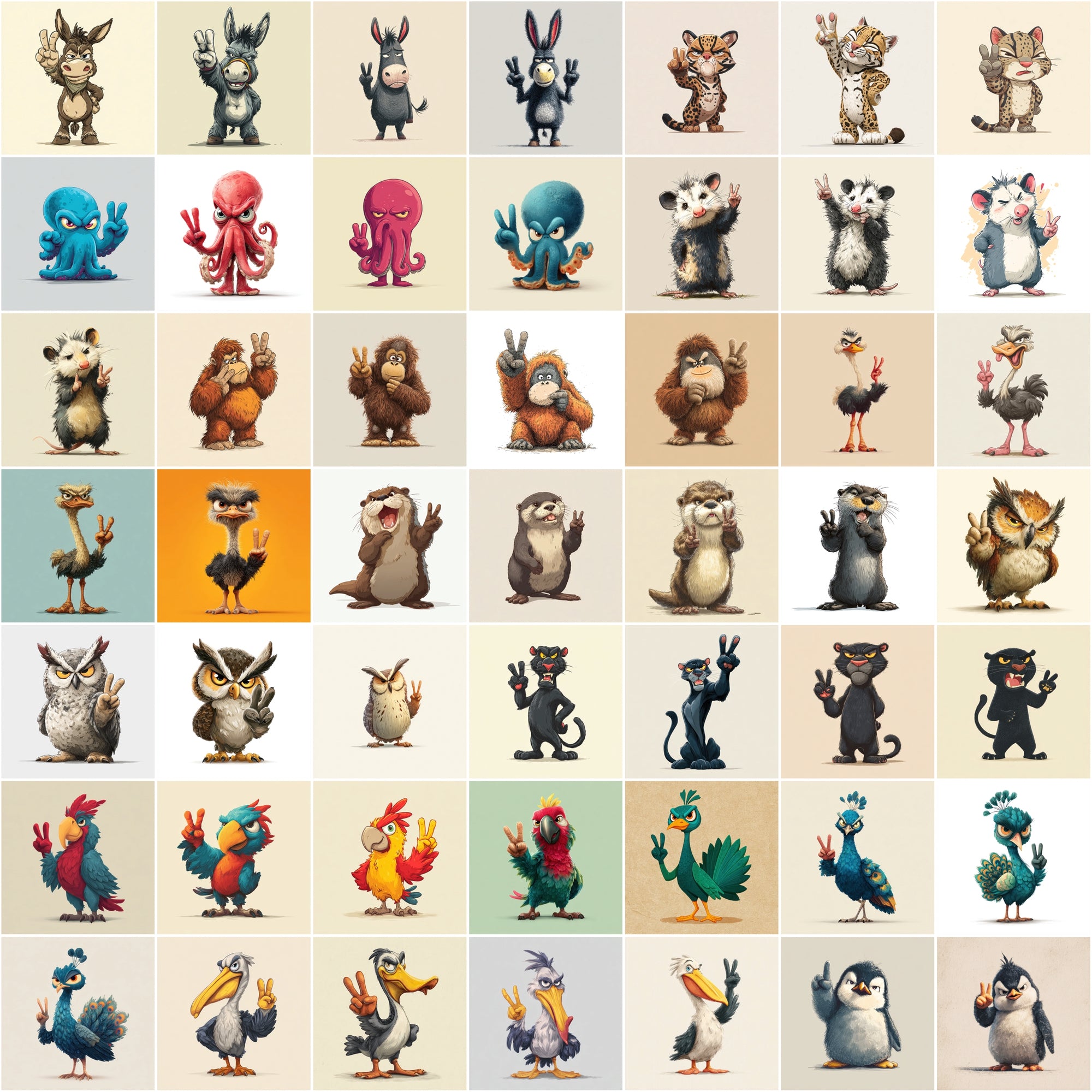 585 Peace Sign Animal Illustrations | Cute Cartoon Animals Bundle