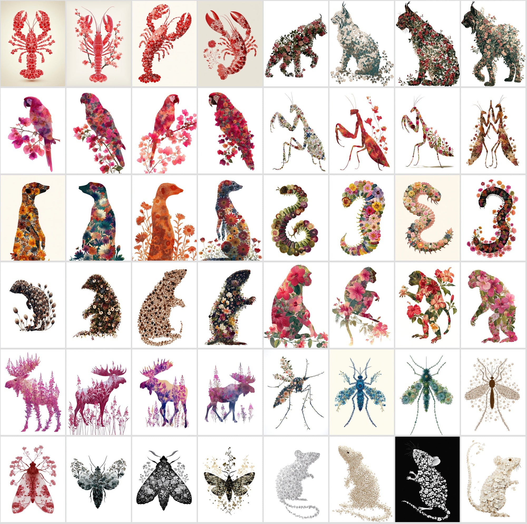 610 Floral Animal Silhouette Images – Vintage Flower Art, Commercial License