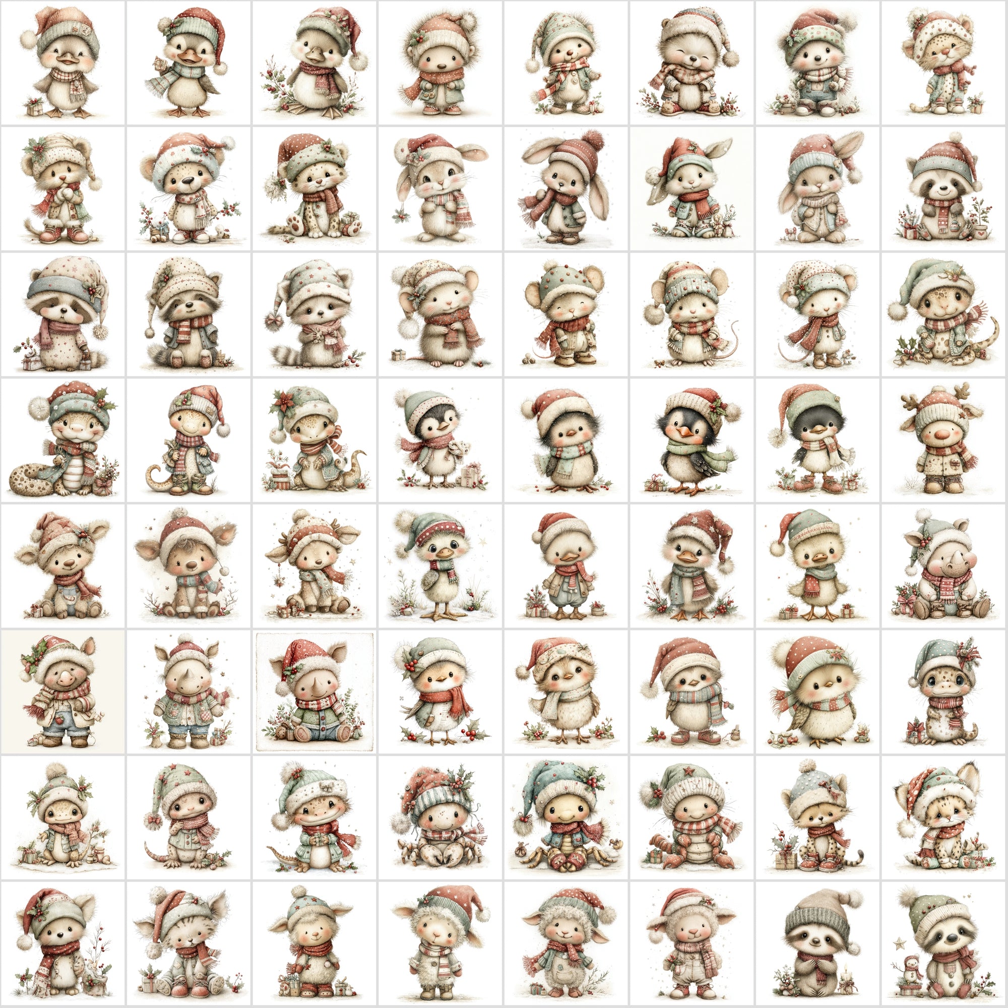 630 Baby Christmas Animal Clipart – Cute Winter Wildlife with Santa Hats & Scarves, Holiday Baby Animals, High-Resolution JPGs