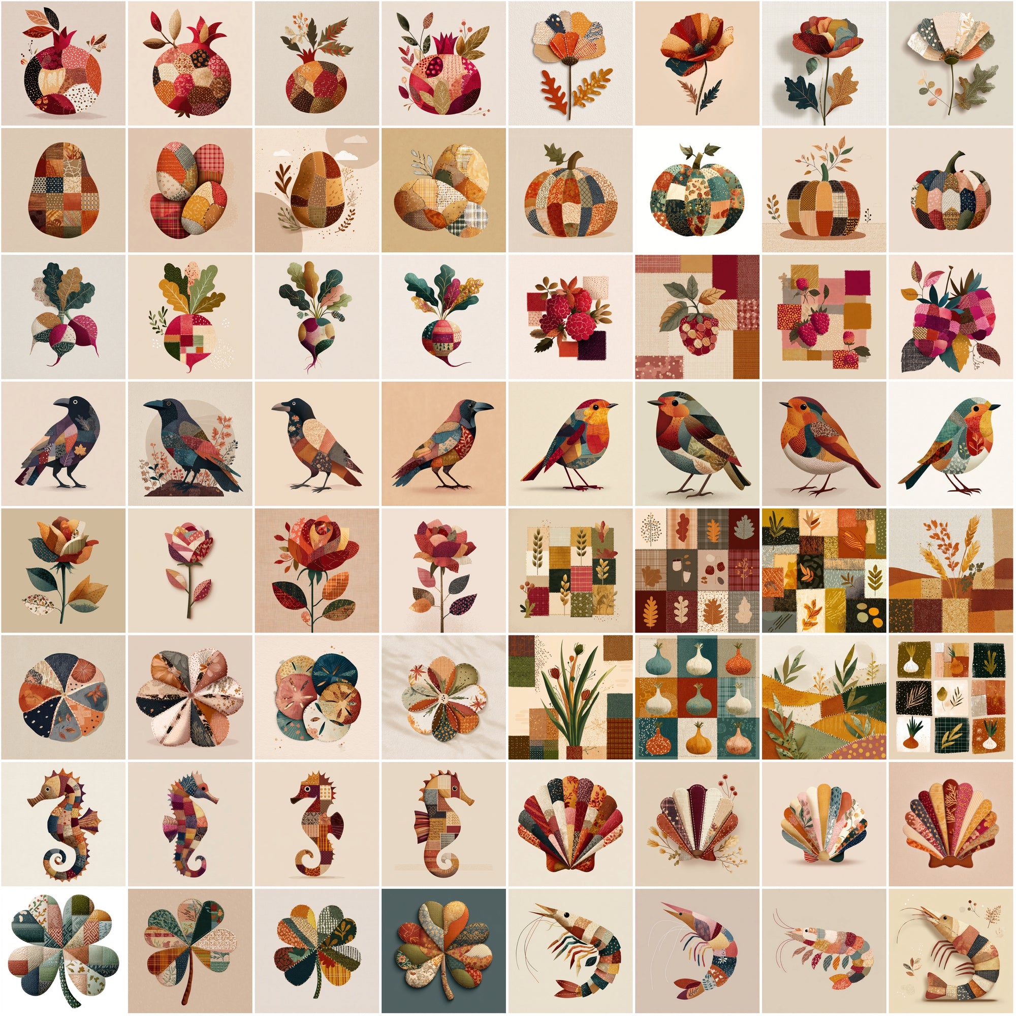 620 Cozy Patchwork Illustrations | Autumn Fabric Clipart | Stitched Fall Elements