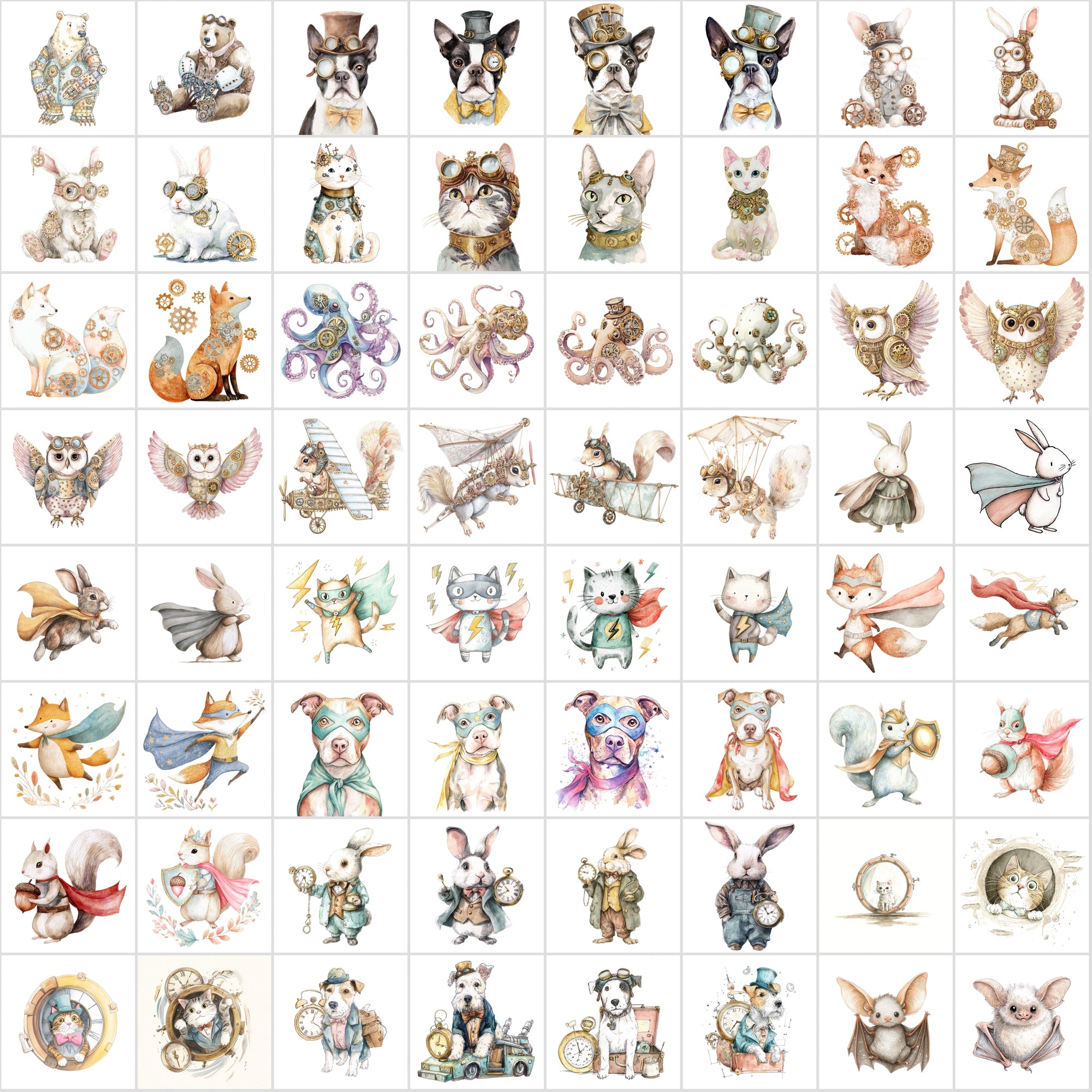 600 Cute Halloween Animal Clipart, Whimsical Spooky Critters Bundle, Watercolor Graphics, Commercial Use JPG, Digital Download